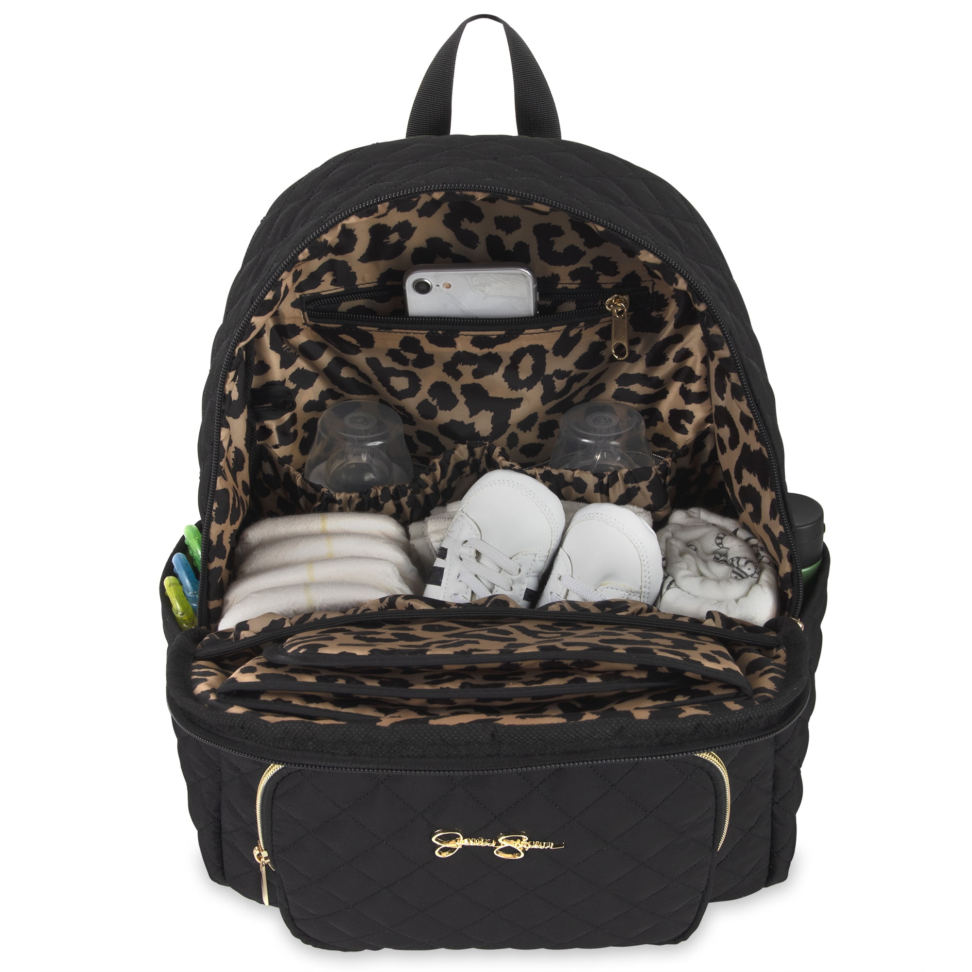 Jessica Simpson Black Diamond Quilted Multi-Pocket Dual Zipper Closure Fashion Diaper Bag Backpack with Leopard Print Interior, Matching 3-Ply Folding Baby Changing Pad & Belted Sling Bag for Mom - Image 9