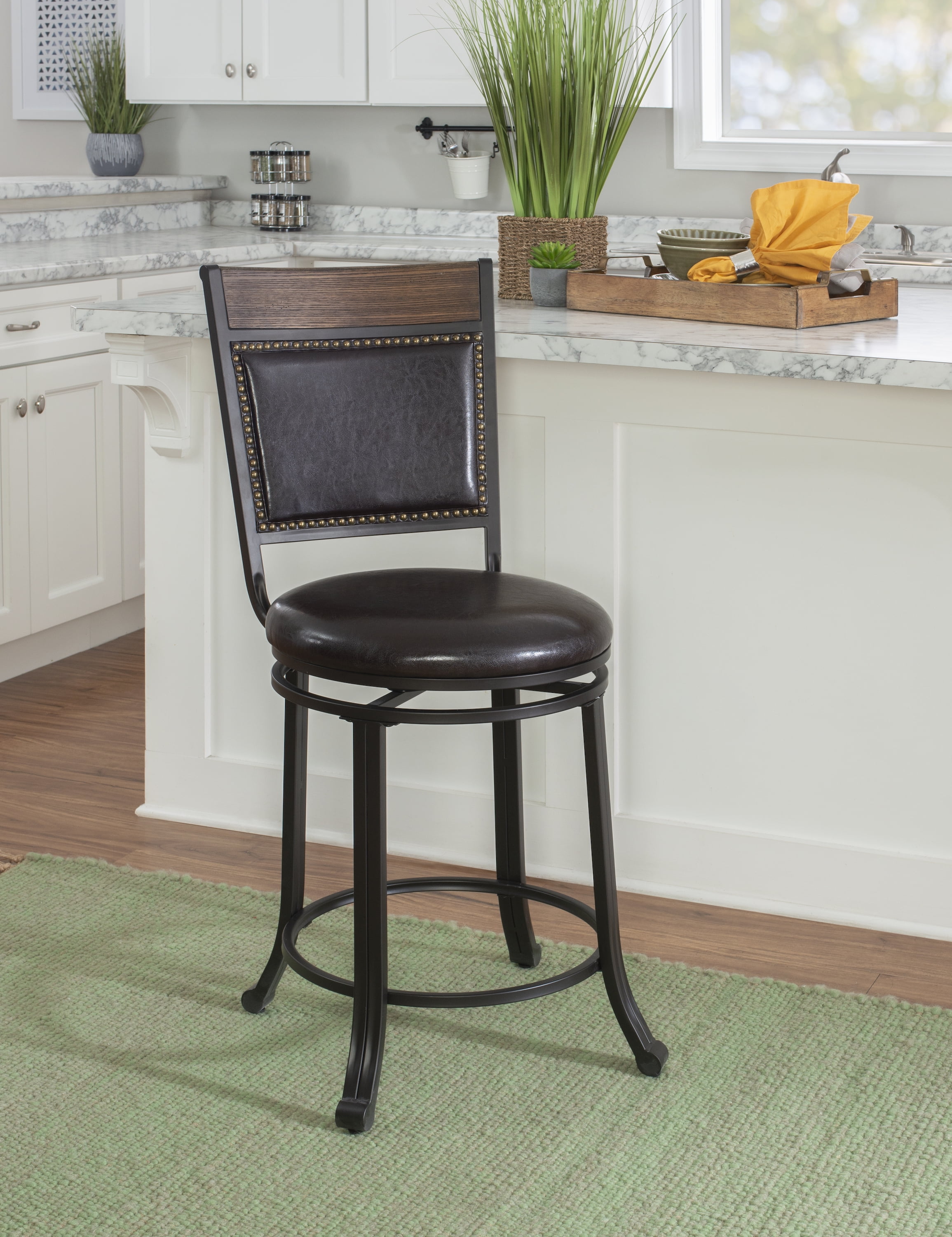 Powell Holloway 24" High Back Indoor Rund Metal Counter Stool with Swivel, Black/Dark Brown Faux Leather - Image 3
