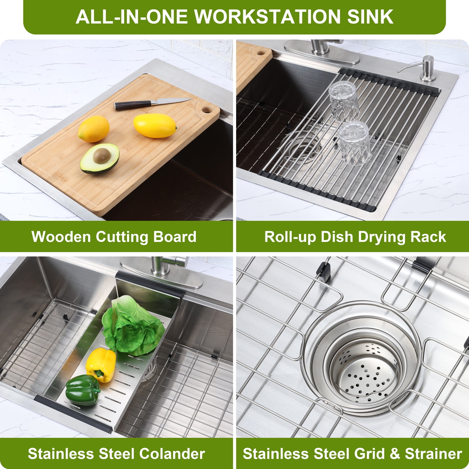 Vesteel Workstation Kitchen Sink, 33” x 22” Drop In Stainless Steel Single Bowl Sink Basin, Topmount Sink include 4 Sink Accessories - Image 2