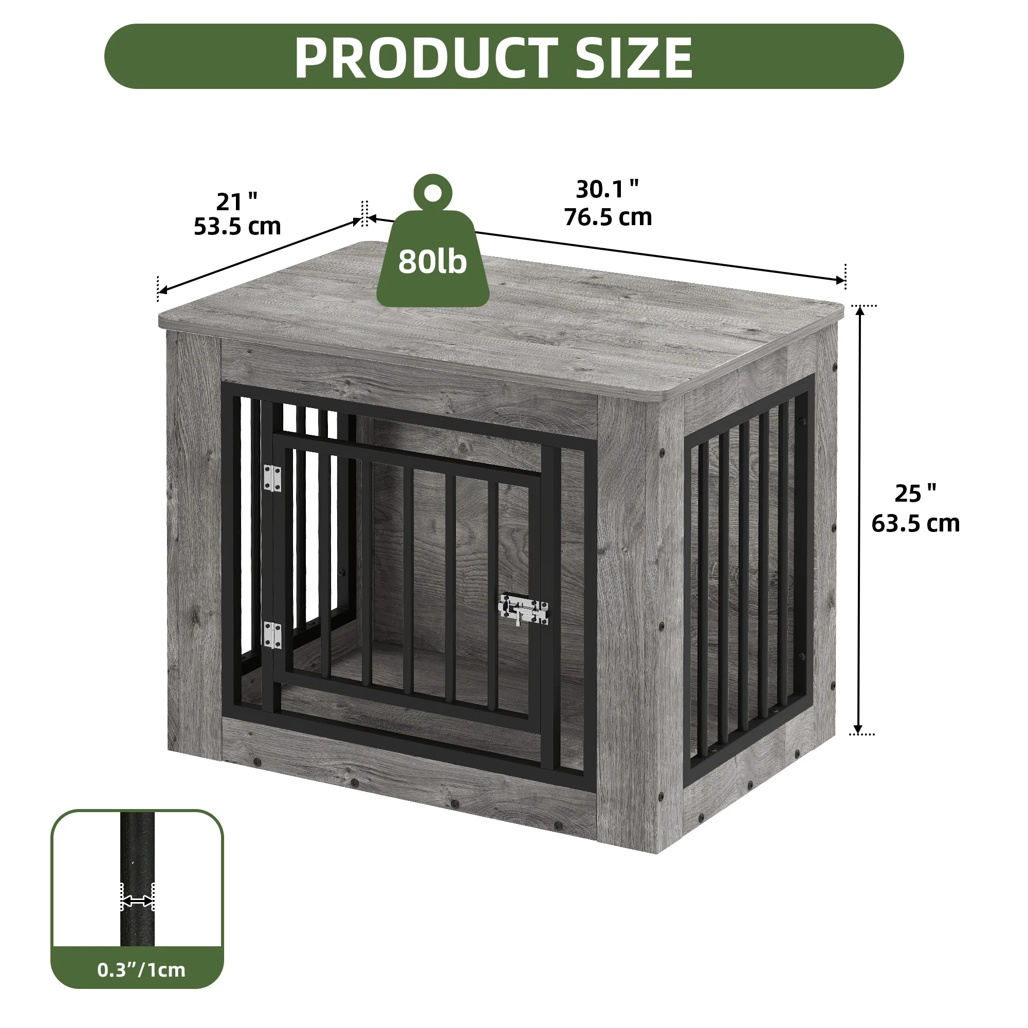 Uforic 2-in-1 Dog Crate Furniture, 30 in Iron-Wood Indoor Dog Cage Table with Steel Lock & Waterproof Top,Gray - Image 6