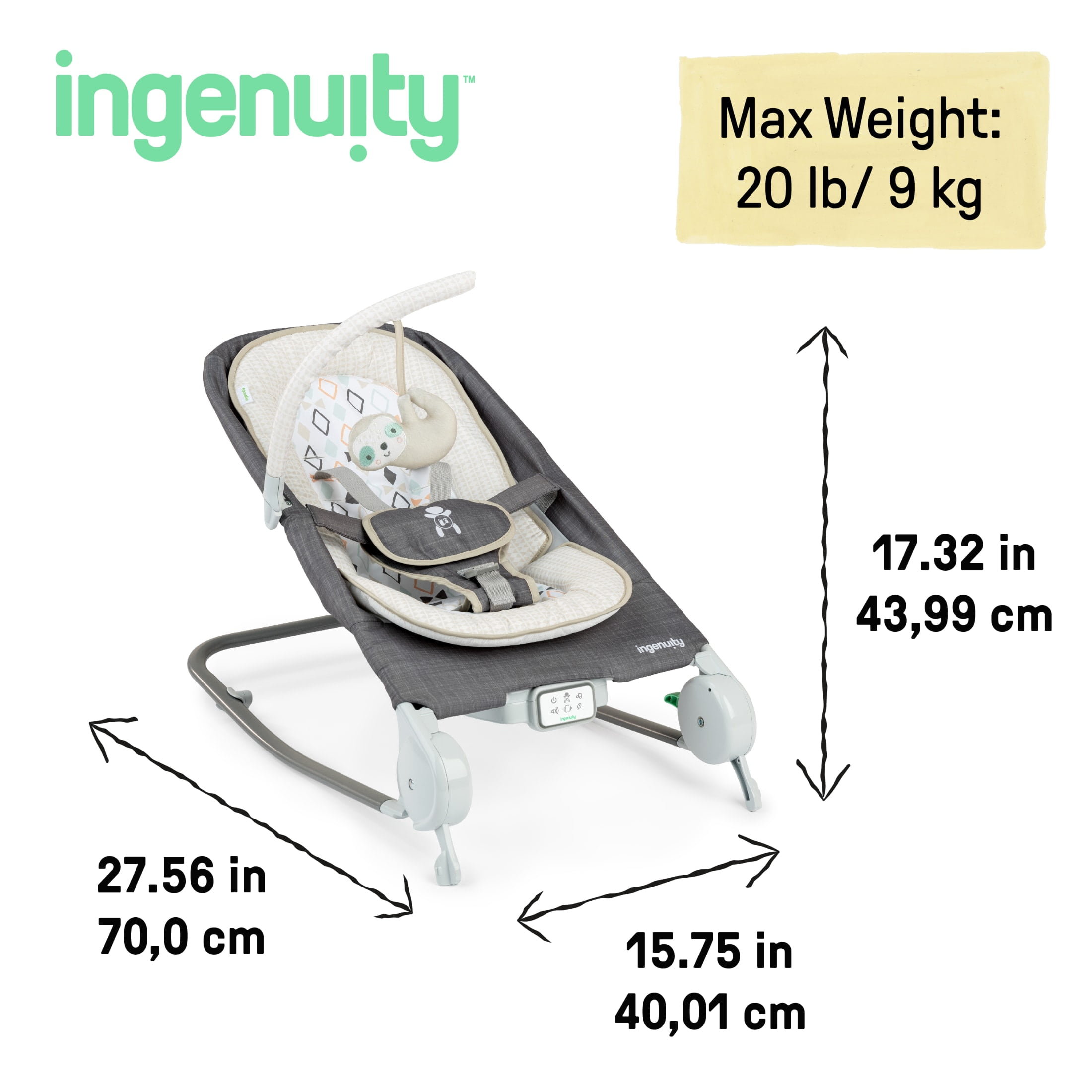 Ingenuity Happy Belly Rock-to-Bounce Seat, For Ages 0-6 Months, Unisex, Grey - Parker - Image 3