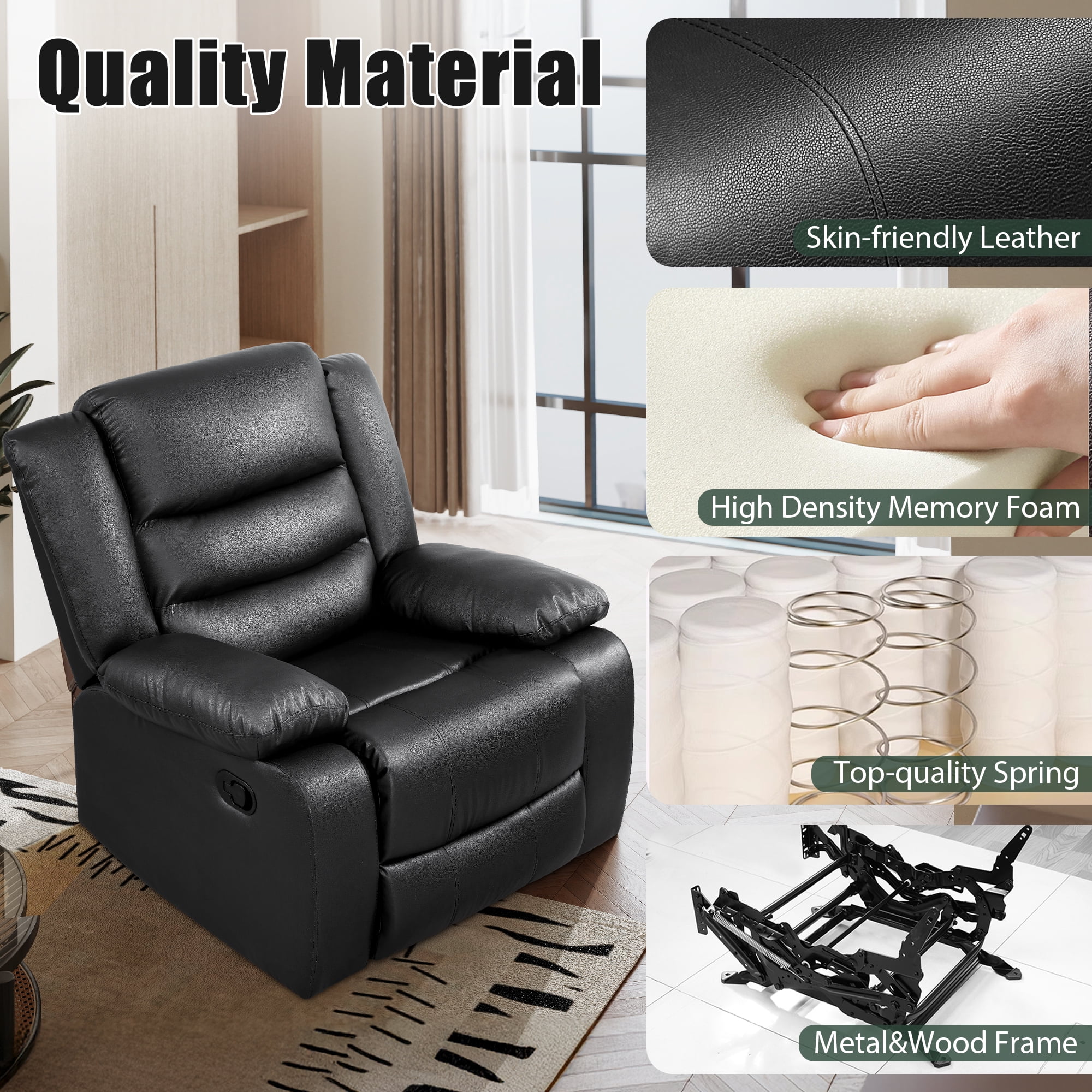 TrumanPick Manual Recliner Rocker Chair, Leather Rocker Recliner Living Room Lazy Boy Reclining Chairs for Adults Small Spaces, Black - Image 5