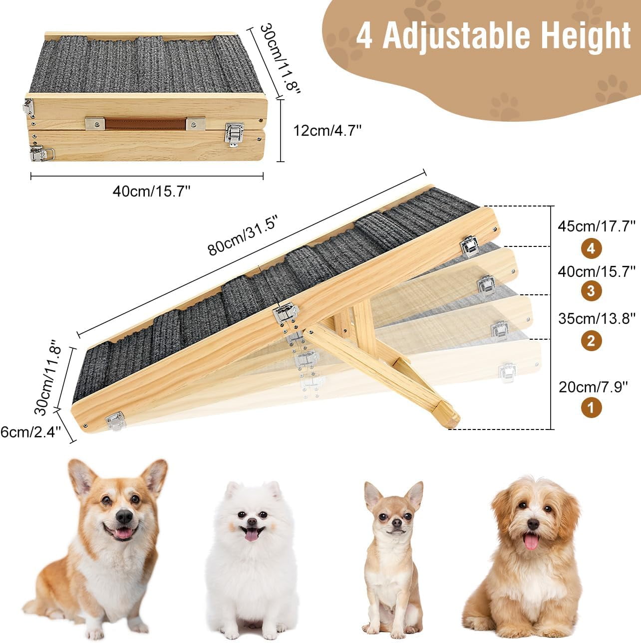 Pawaboo Foldable Dog Ramp for Couch, Portable Wooden Pet Ramp, 4 Adjustable Height from 7.9" to 17.7", Stable Pet Steps Fit for Small Medium Dogs Cat with Non-Slip Mat, Use for Car Couch Bed Stairs - Image 3