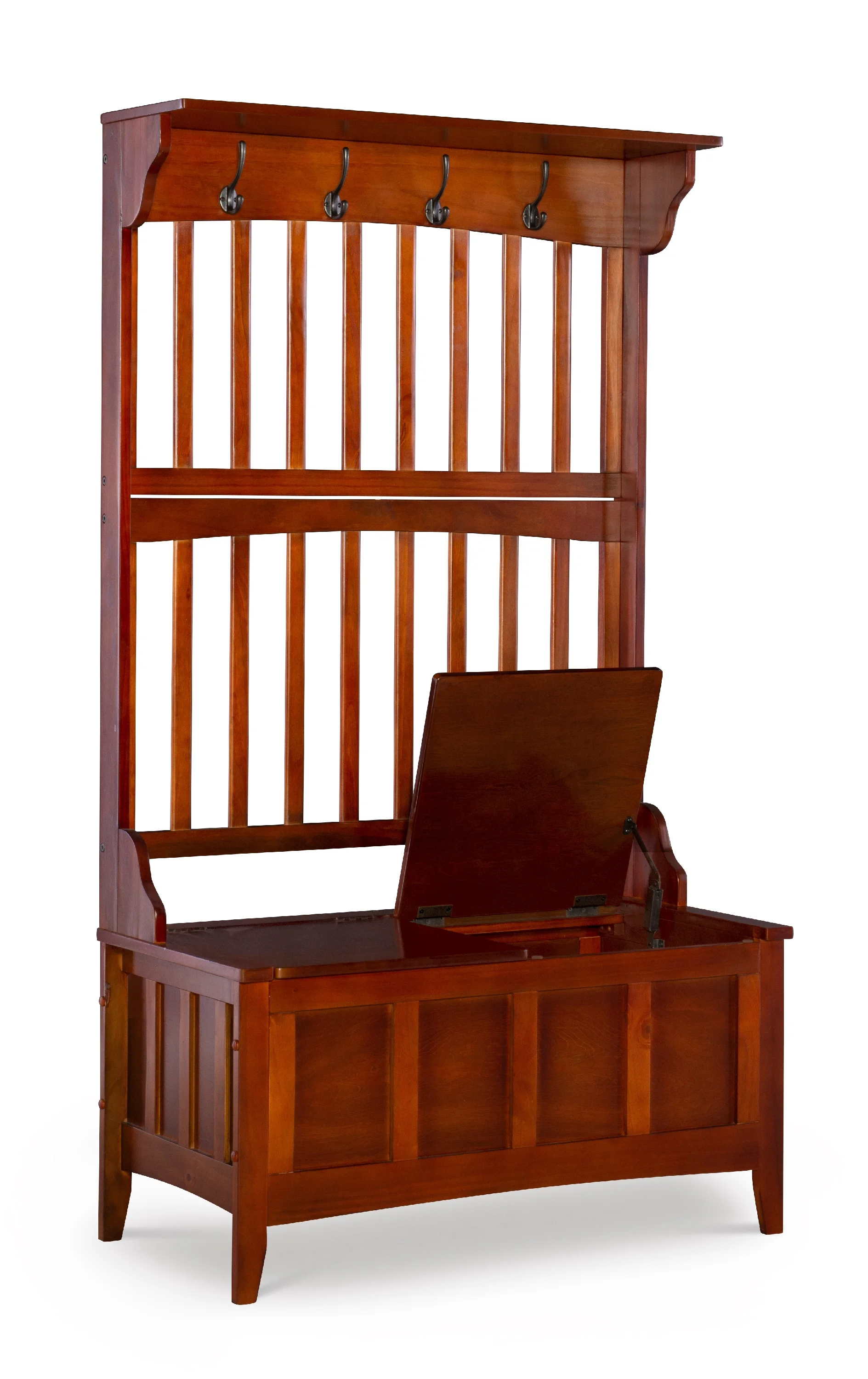 Linon Fletcher Free Standing Hall Tree with 4 Hooks and Split Seat Storage Bench, Walnut - Image 9