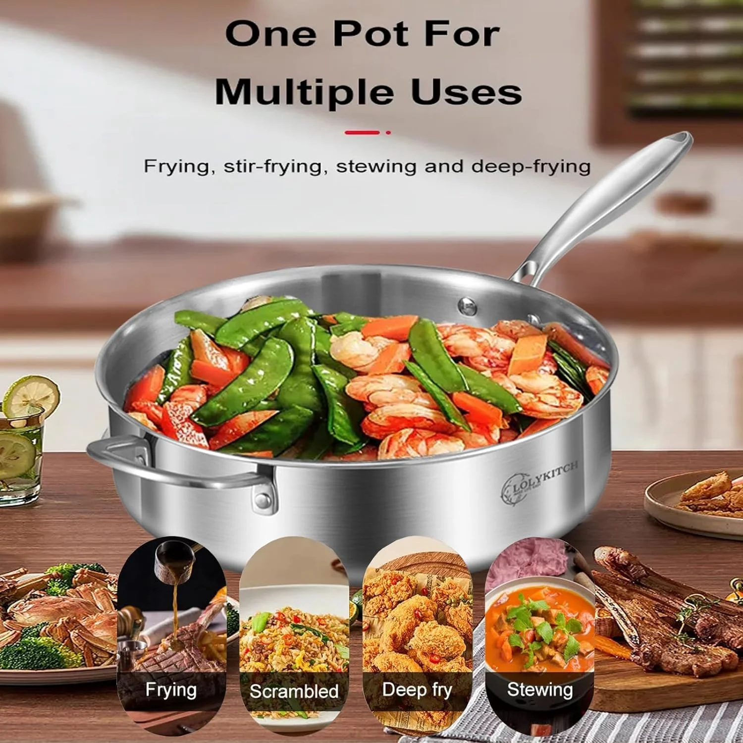 LOLYKITCH 8.5-10 inch Tri-ply Stainless Steel Frying Pans and 6QT Sauté Pan with Lid,Skillets,Cookware Set,Pot and Pan Set,Dishwasher and Oven Safe,Detachable Handle. - Image 5