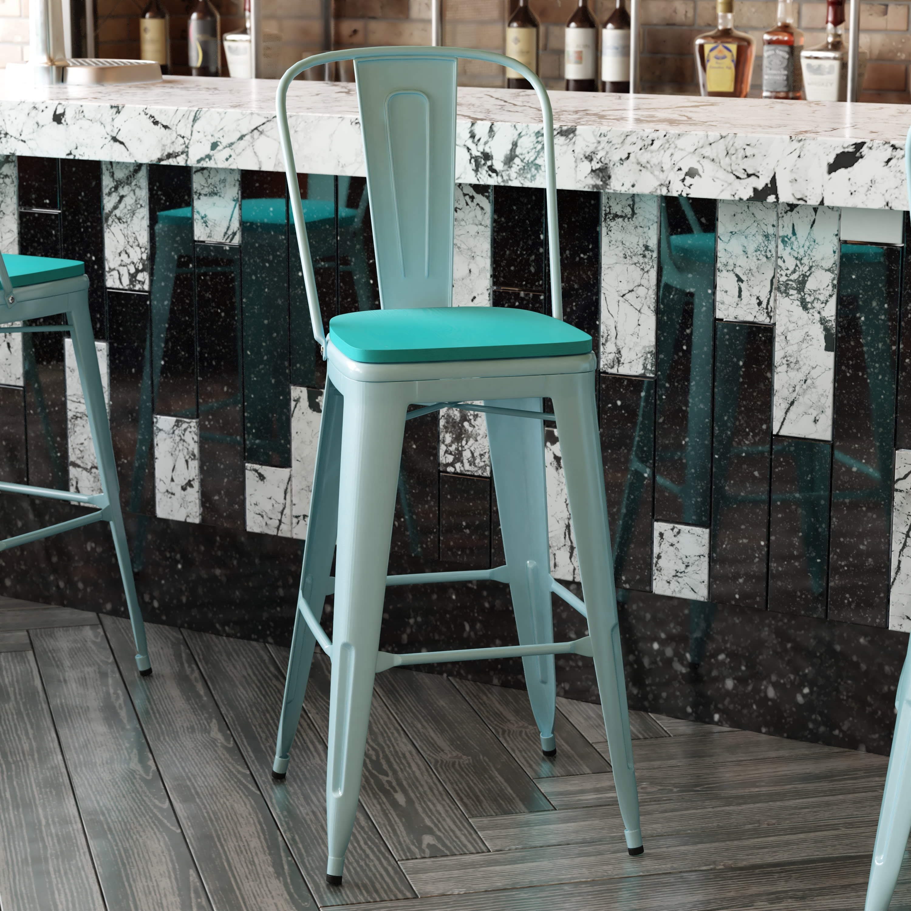 Flash Furniture Carly Commercial Grade 30" High Mint Green Metal Indoor-Outdoor Barstool with Back with Mint Green Poly Resin Wood Seat - Image 12