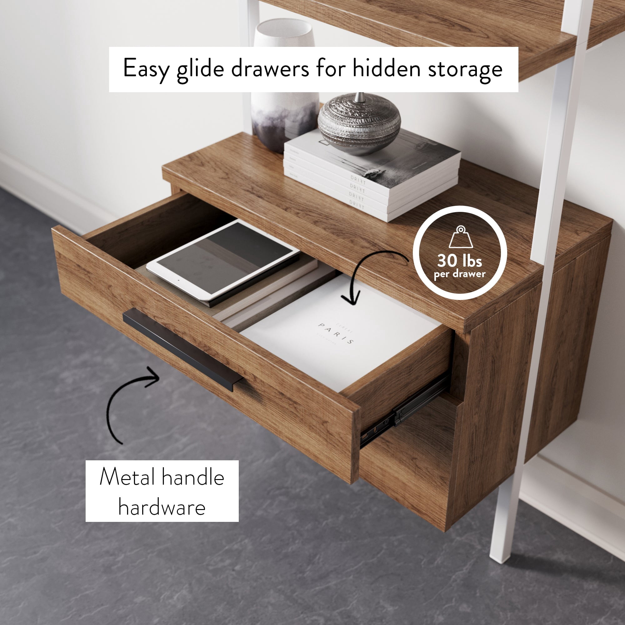 Nathan James Theo Open Shelf Bookcase with Drawers in Rustic Oak Wood and White Steel Frame - Image 5