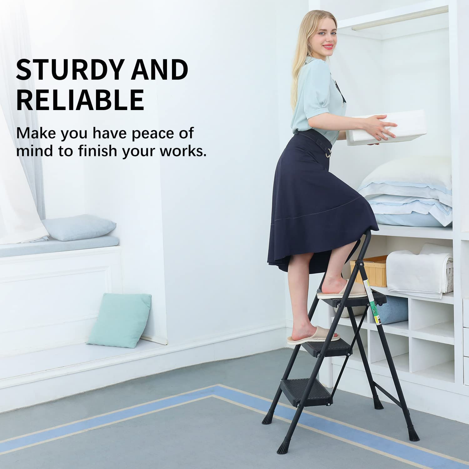 3 Step Ladder, Folding Step Stool with Wide Anti-Slip Pedal, Portable Folding Handgrip Step Ladder for Household and Office, Black - Image 5