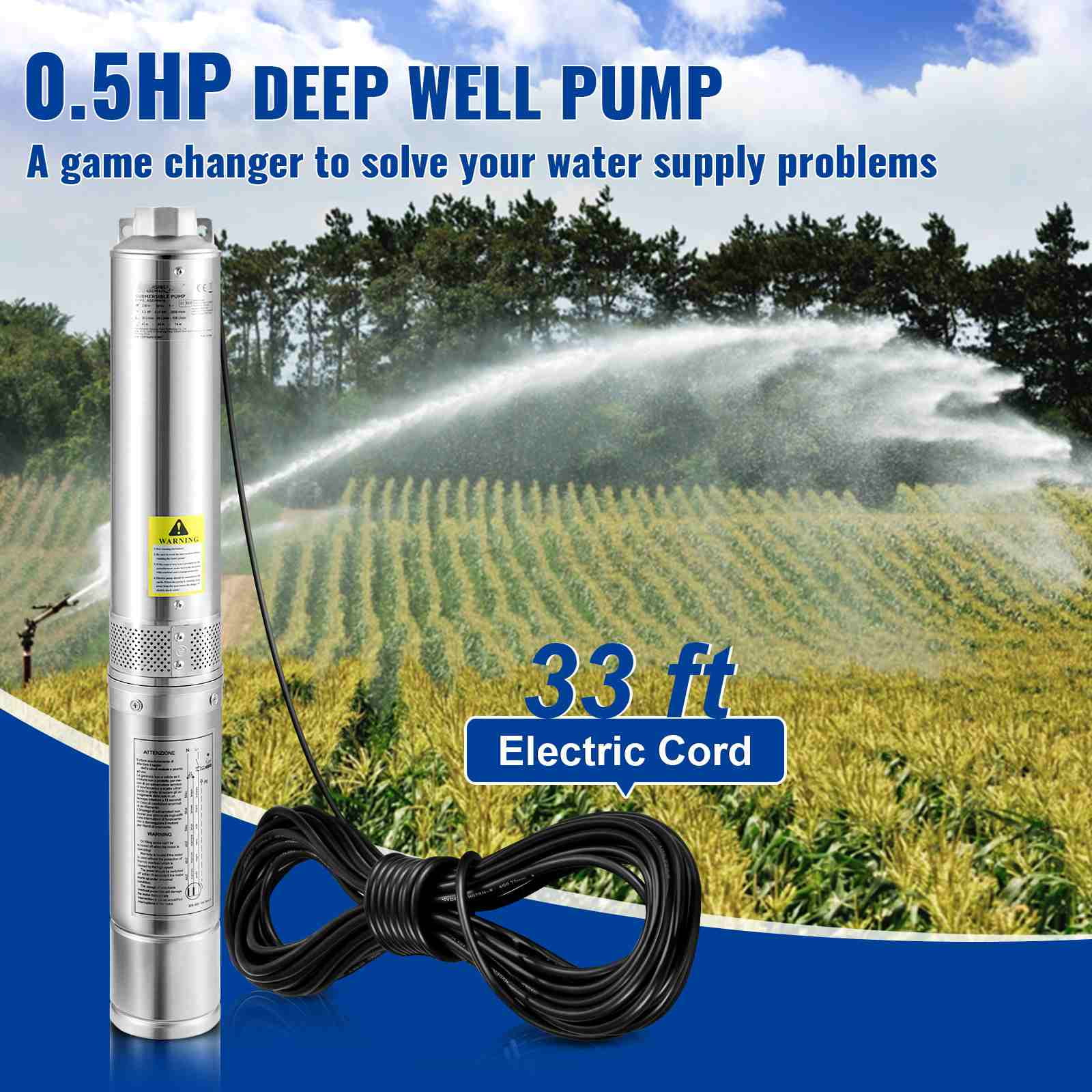 VEVORDeep Well Submersible Pump, 0.5HP/370W 230V/60Hz, 28GPM 167 ft Head, with 33 ft Electric Cord, 4 inch Stainless Steel Water Pumps for Industrial, Irrigation and Home Use, IP68 Waterproof Grade - Image 2