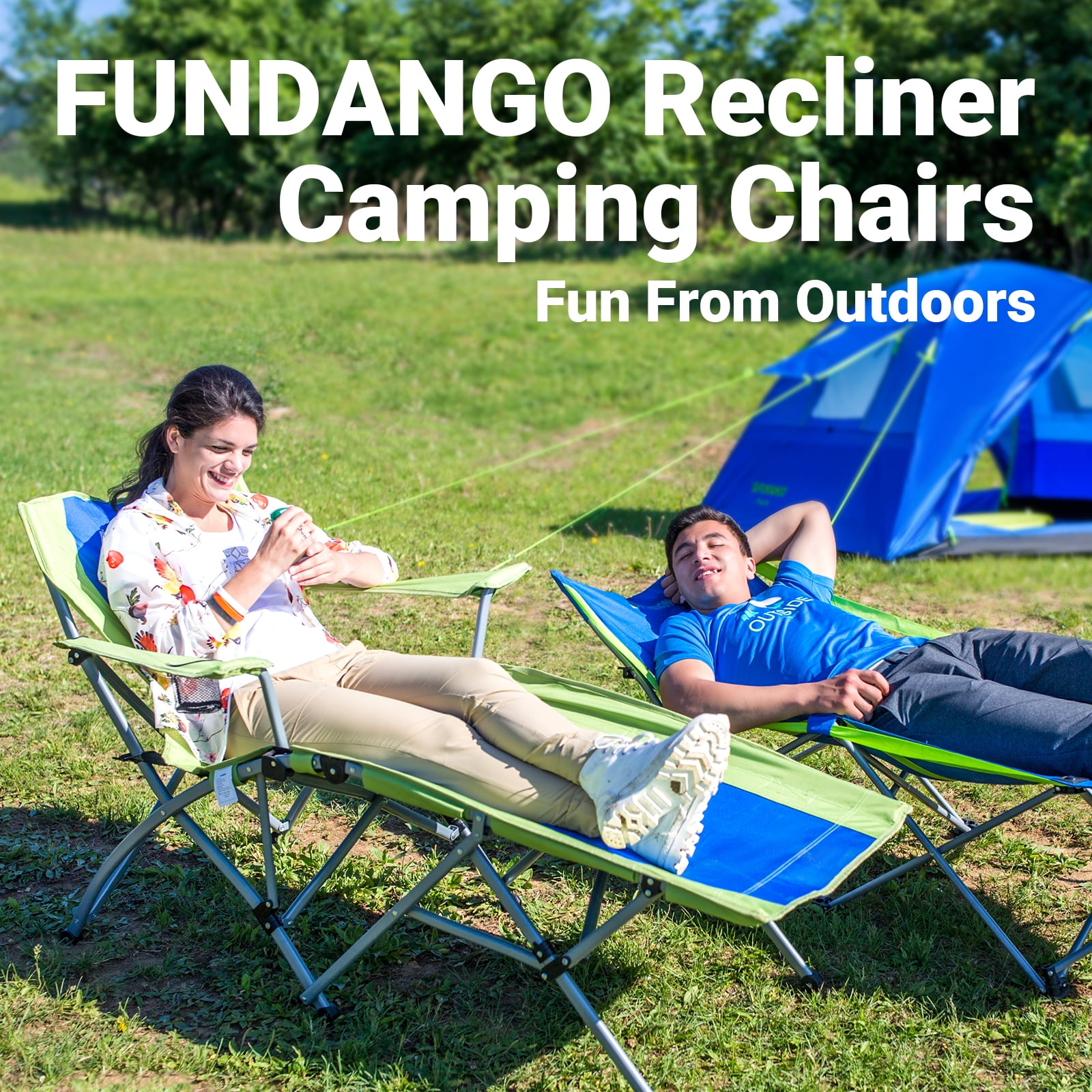 FUNDANGO Folding Lounge Chair with Footrest & Cup Holder, Reclining Design for Camping & Outdoor Use, Blue/Green - Image 2