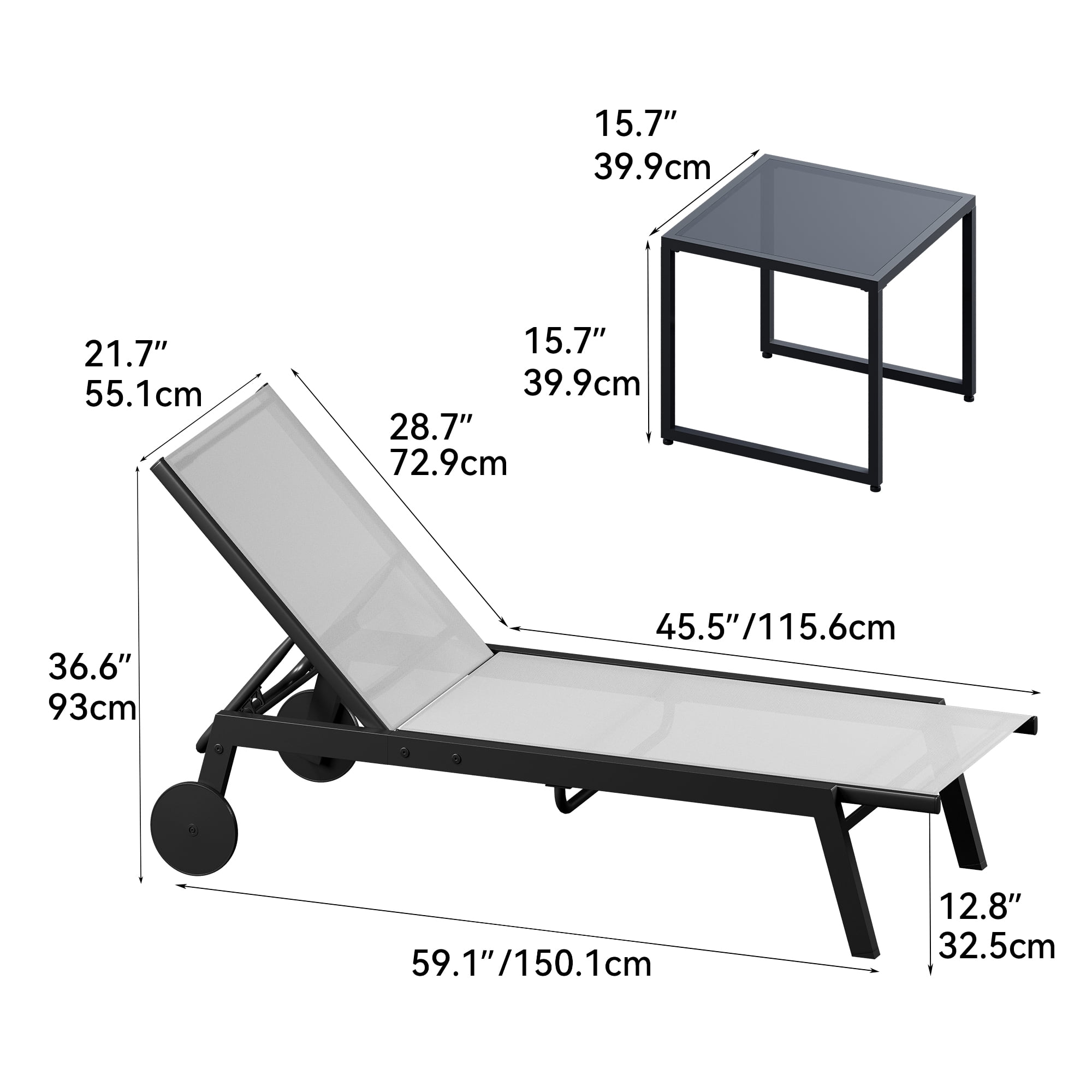 Dextrus 2 Pcs Outdoor Lounge Chairs with Side Table, Reclining Sun Loungers Featuring Aluminum Frame/Textilene Fabric/Wheels - Image 7