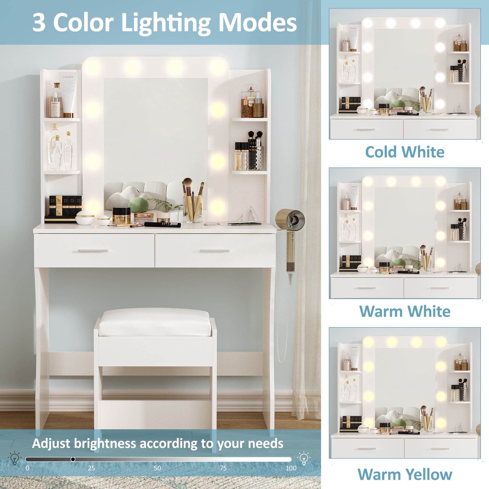 Vabches Vanity Set with Mirror and Lights & Power Outlet Makeup Vanity with 2 Drawers& 6 Shelves, White - Image 3