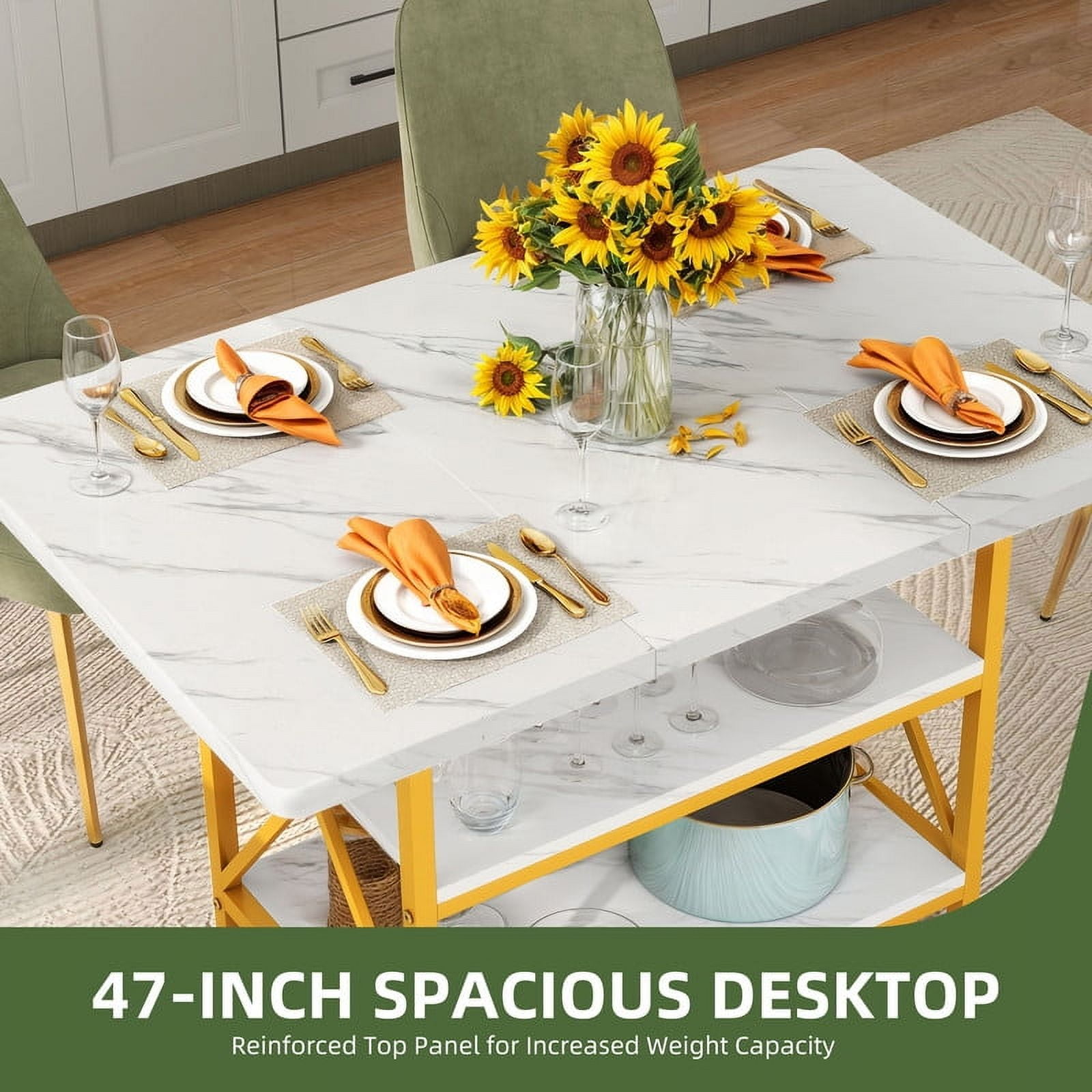 Uforic 47" Dining Table for 4, Dining Room Table with Storage Shelf, ModernRectangle Kitchen Table for Home Kitchen Dining Room Living Room, White& Gold - Image 3