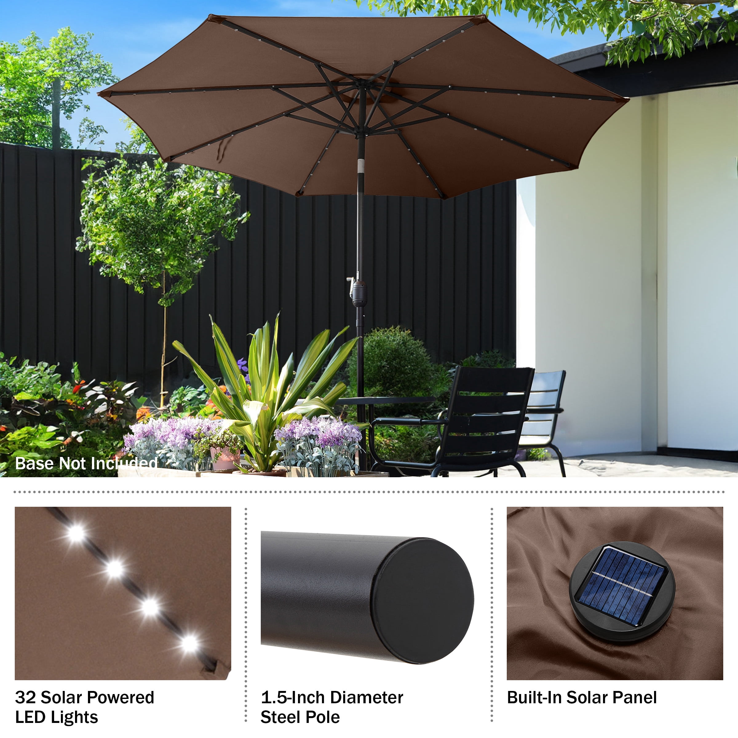 Villacera 9FT Outdoor Patio Umbrella with Solar Lights and Tilt, Brown - Image 2
