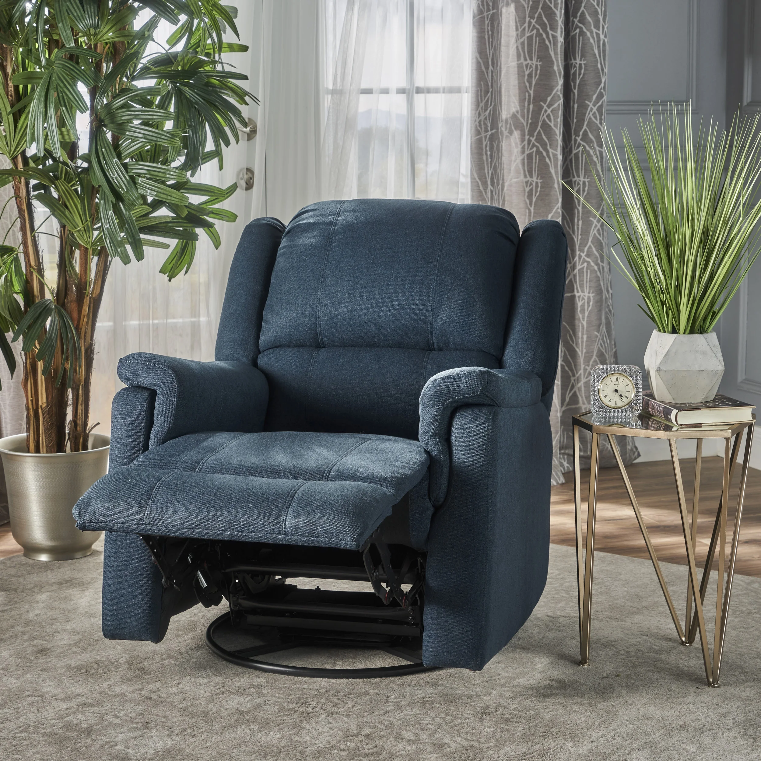 Noble House Pete Standard Fabric Tufted Swivel Glider Recliner, Navy Blue - Image 6