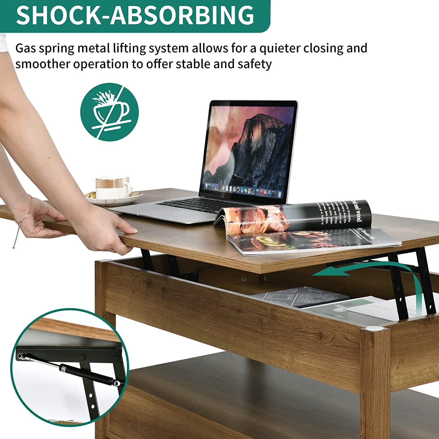 DEXTRUS Wood Lift Top Coffee Tables with 2 Storage Drawers & Hidden Compartment for Living Room Office, Rustic Brown - Image 5