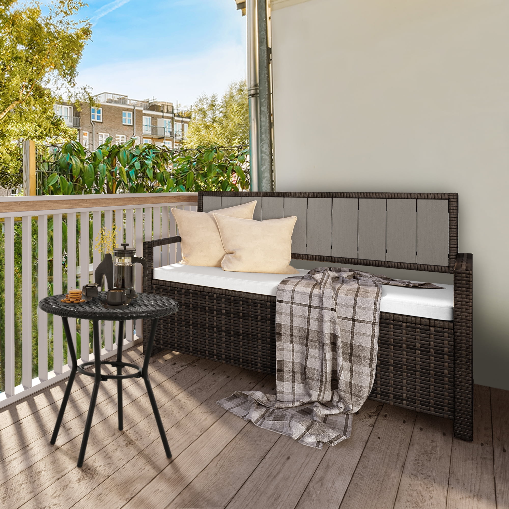 Dextrus 70 Gallon Outdoor Storage Bench Loveseat, Wicker Storage Seat for Patio Furniture, Outdoor Cushions, Pool Storage - Brown - Image 4