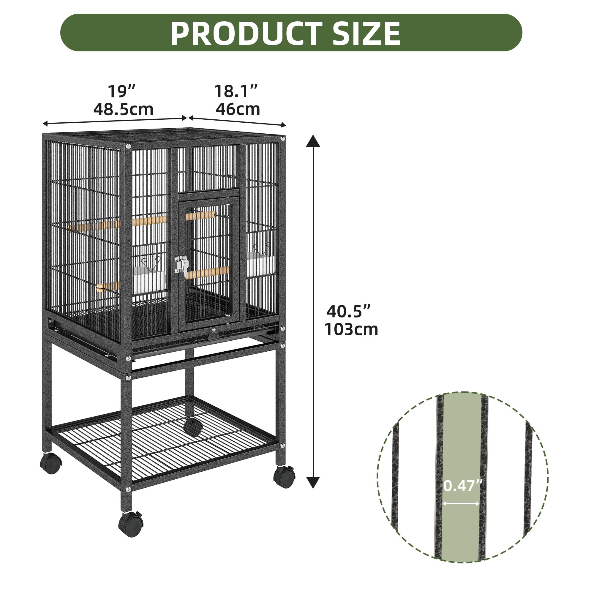 Uforic 41" Metal Birdcage with Rolling Stand and Castor Wheels, Large Parrot Cage with 2 Perches and 2 Feeders, Spacious Storage Tray, Black - Image 3