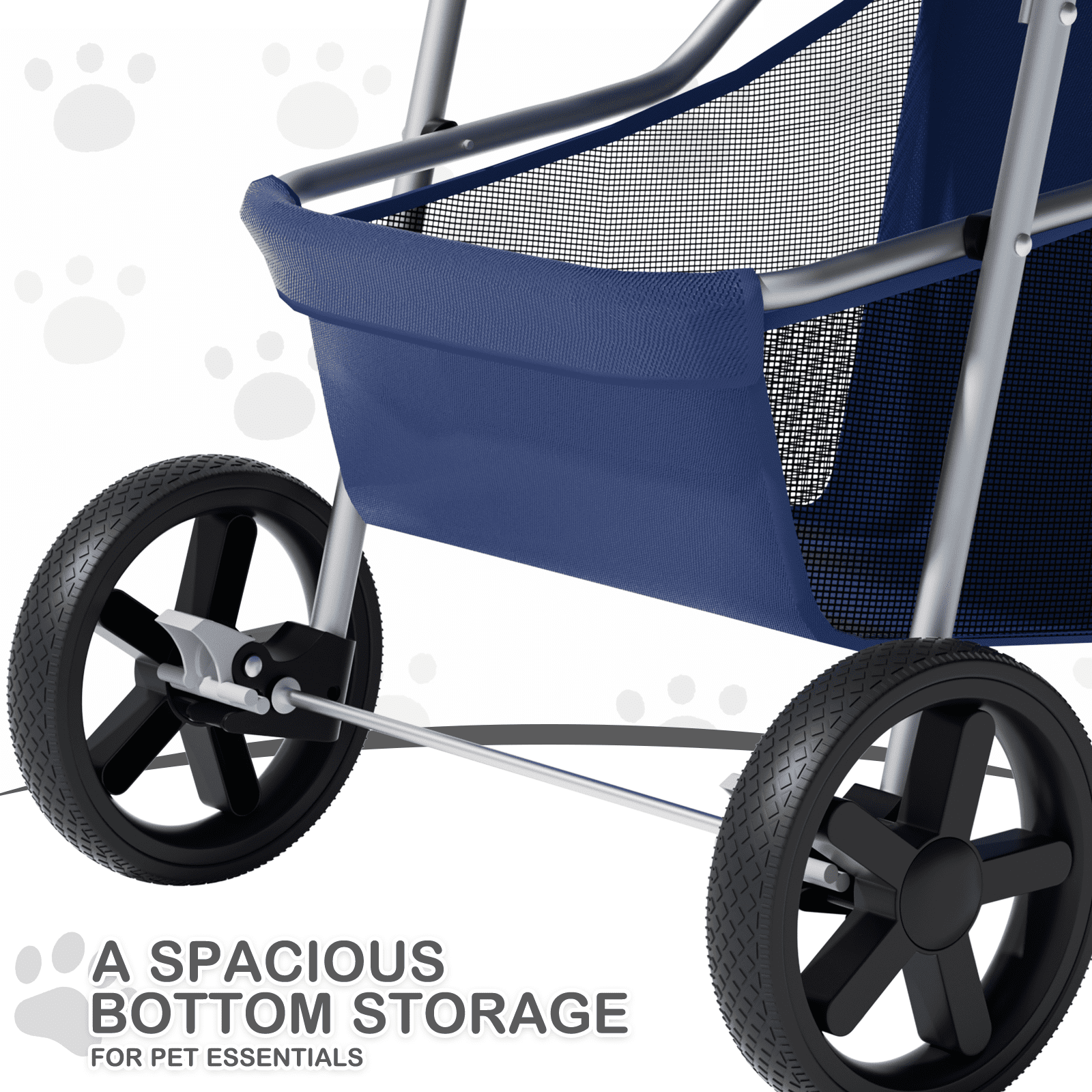 MoNiBloom 3 Wheel Folding Pet Dog Stroller, Foldable Lightweight Trolley with Storage Basket, Cup Holder and 360° Rotating Front Wheel for Small Medium Dogs, Navy Blue - Image 4