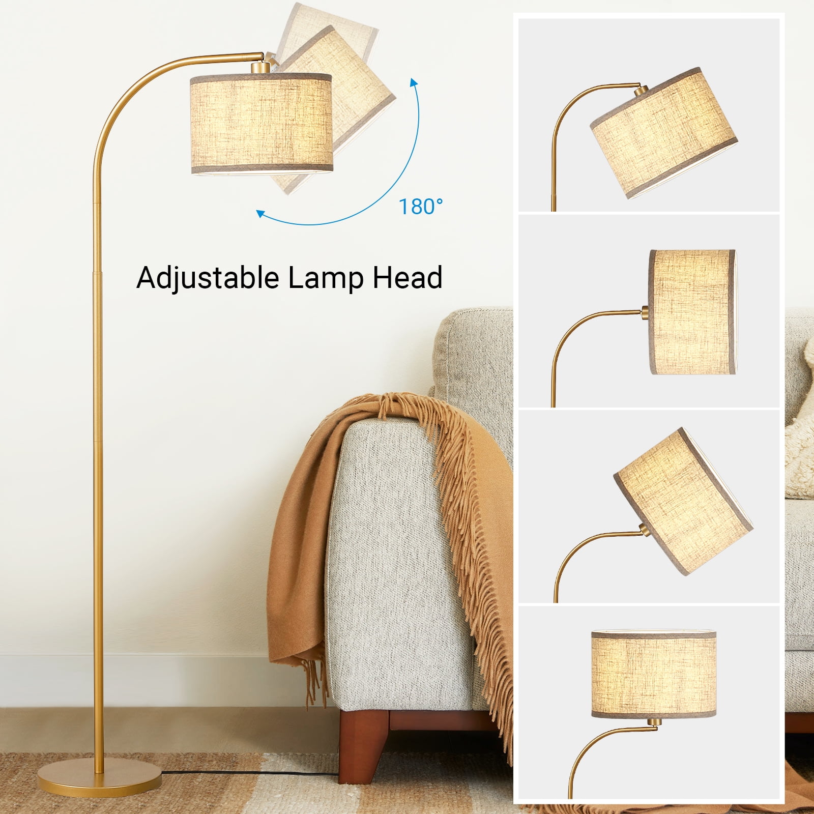 DEWENWILS 63.4-Inch Modern Arc Gold Floor Lamps for Living Room, Metal Standing Lamp with Foot Switch for Bedroom, Office, Decor, Lighting, Adjustable Lampshade - Image 2