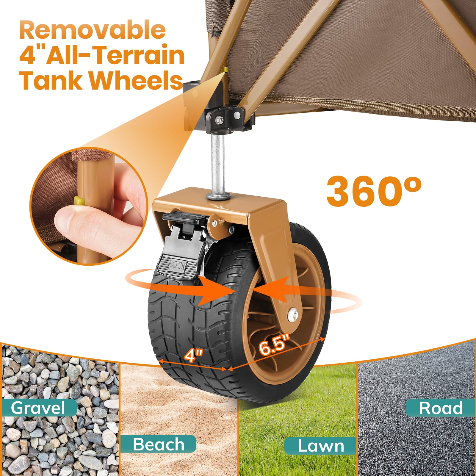 Collapsible Camping Beach Wagon, VECUKTY 350L Garden Cart, Heavy Duty Utility Fold Wagon with Big Wheel & Side Pickets for Garden, Camping, Sport, Shopping, Brown - Image 4