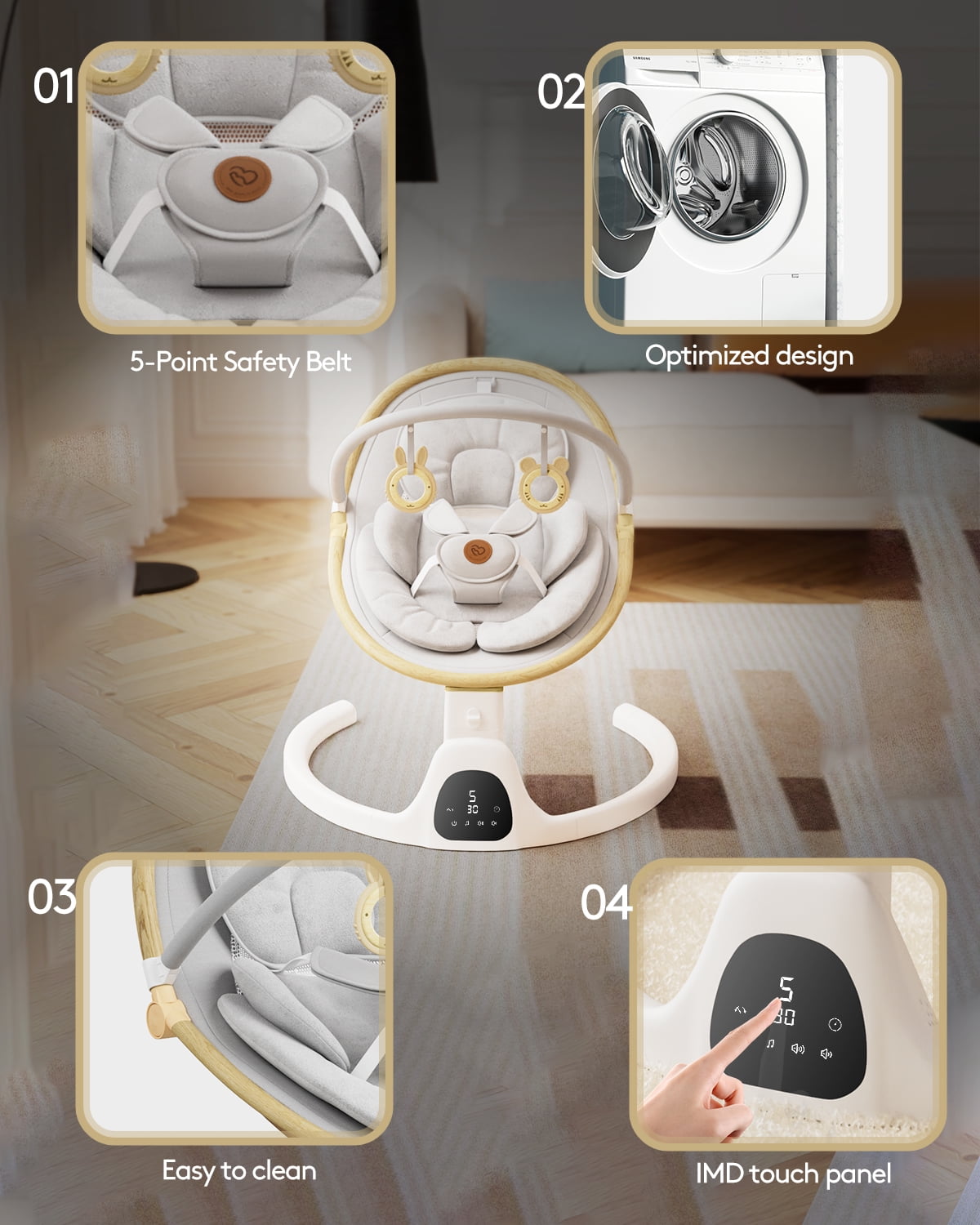 Baby Swing for Infants to Toddler Portable Babies Swing Timing Function 5 Swing Speeds Bluetooth Touch Screen Music Speaker with 10 Preset Lullabies 5-Point Carabiner White - Image 3