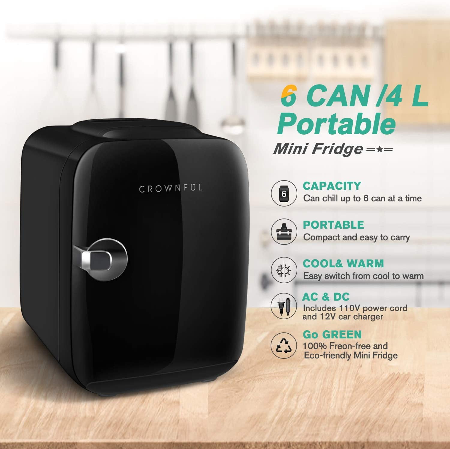 CROWNFUL Mini Fridge, 4 Liter/6 Can Portable Cooler and Warmer Personal Refrigerator, AC/DC,Black - Image 2