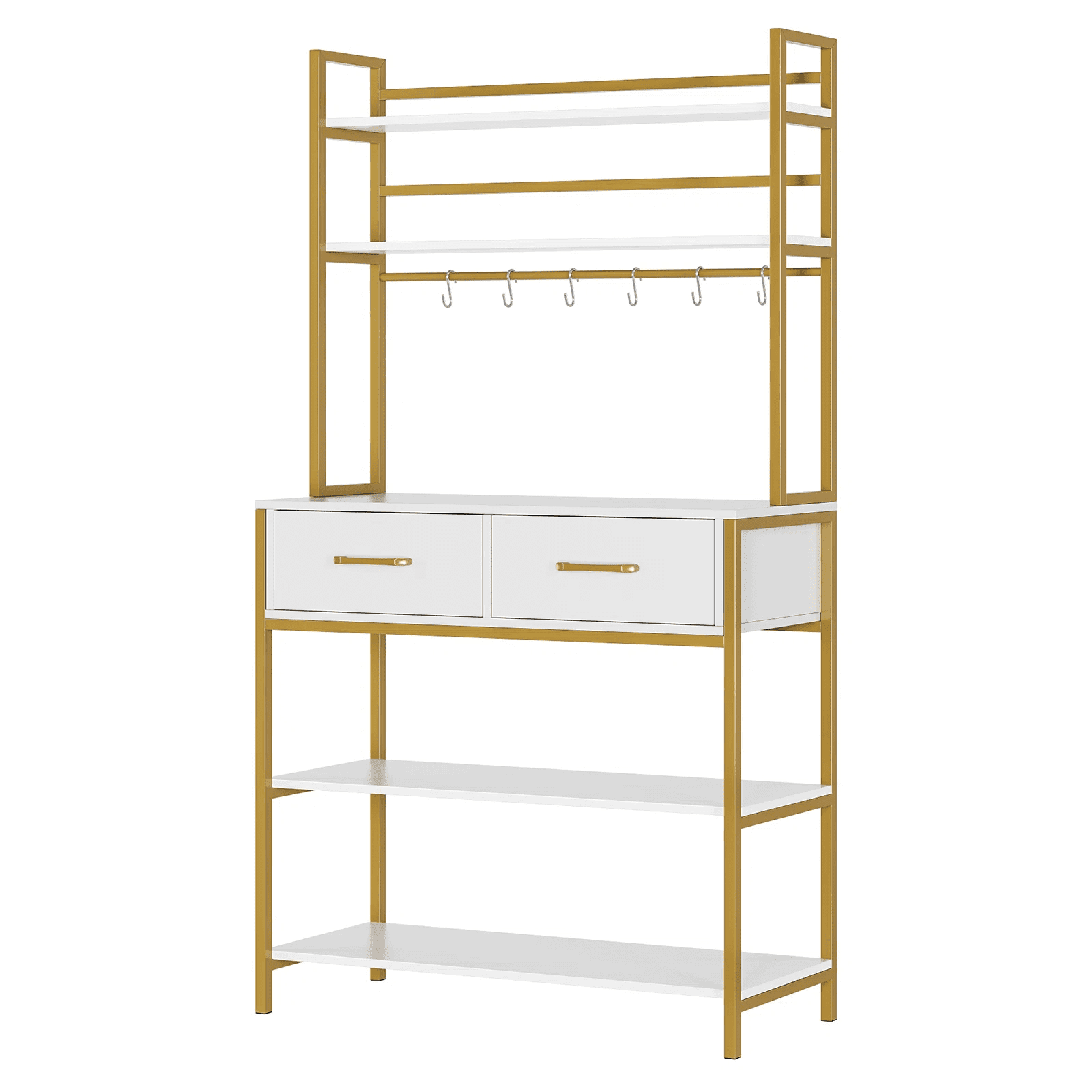 Homfa Gold Ladder Shelf with 2 Drawer, 5 Tier White Standard Bookcase for Homfa Office, Backer Racks for Kitchen - Image 3
