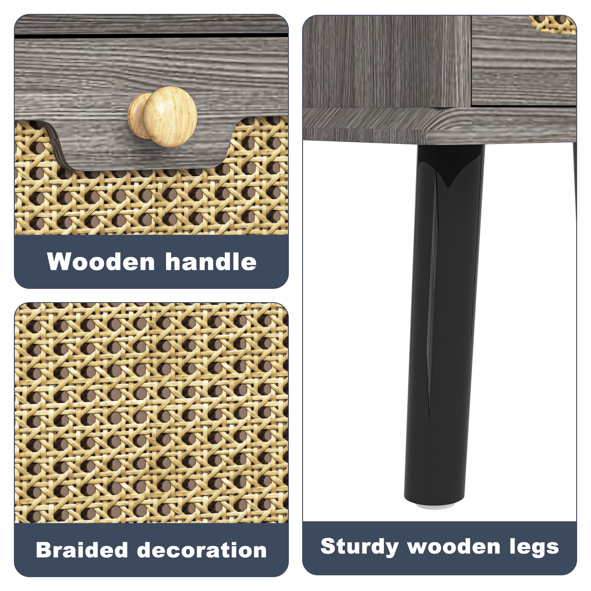 Hommoo 2 Rattan Drawers Nightstand, Modern Wood Side Table Bedside End Table, Night Stand Storage Cabinet for Living Room Bedroom, Gray - Image 2