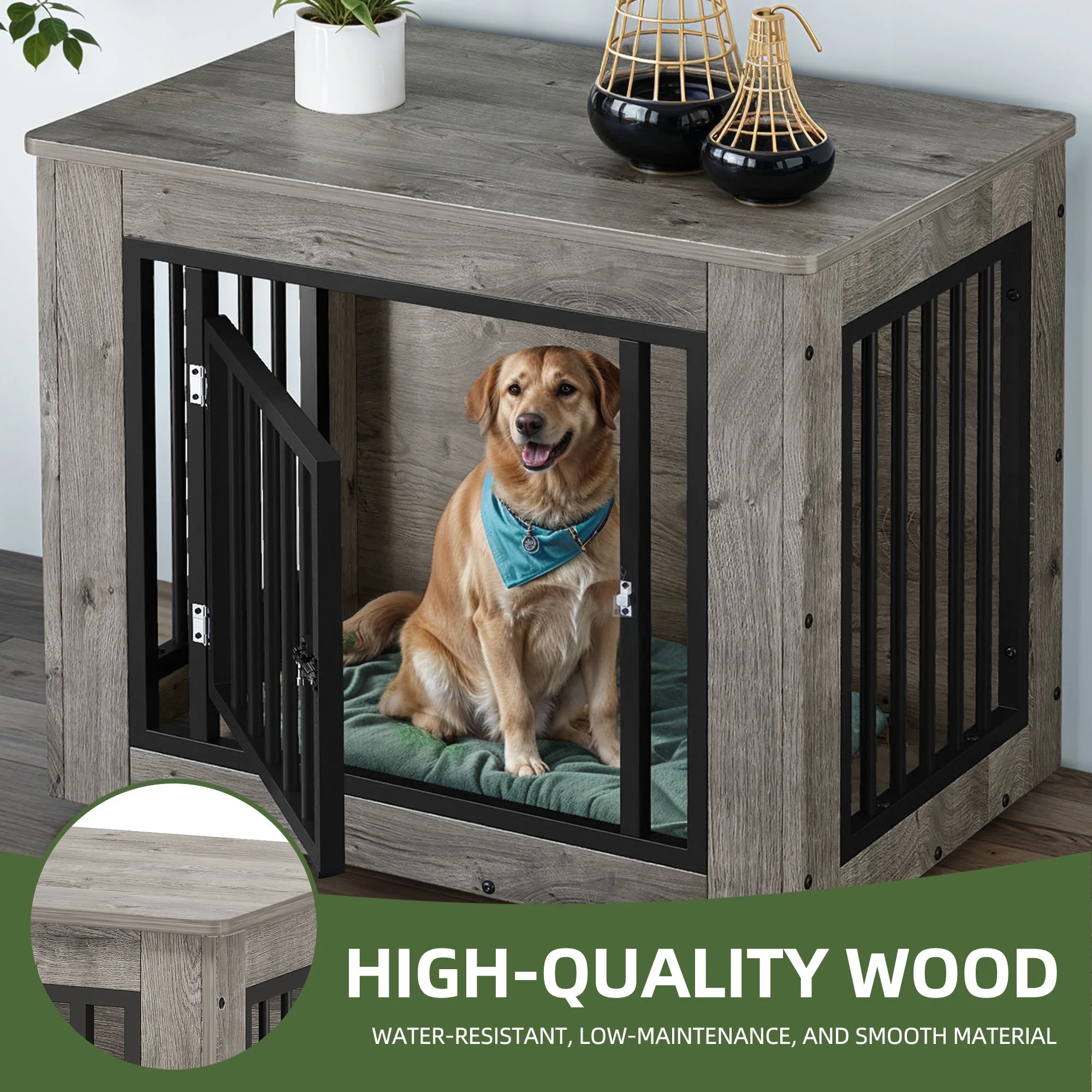 Uforic 2-in-1 Dog Crate Furniture, 30 in Iron-Wood Indoor Dog Cage Table with Steel Lock & Waterproof Top,Gray - Image 5