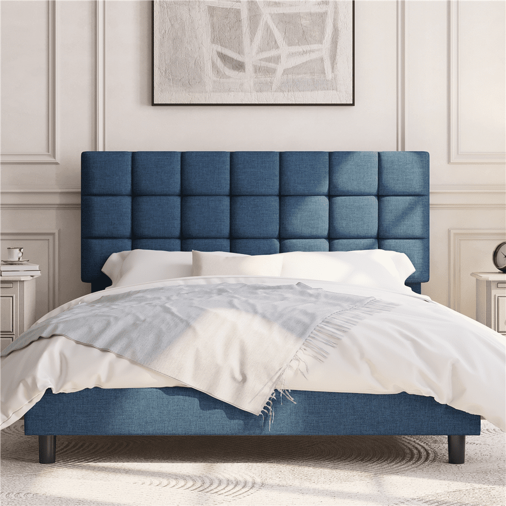 Yaheetech Modern Upholstered Platform Bed with Adjustable Tufted Headboard , Queen Size, Navy Blue - Image 2