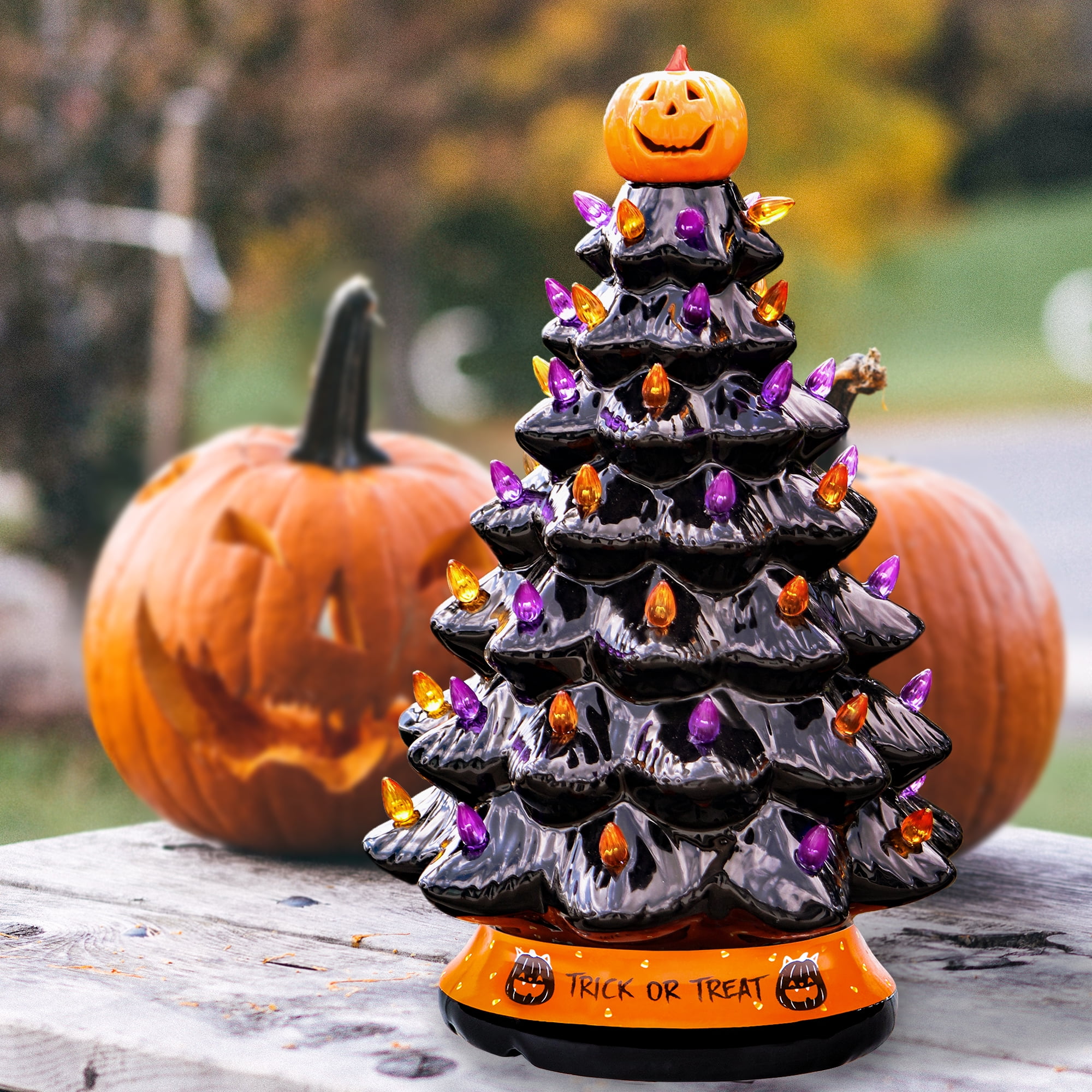 RJ Legend Ceramic Tree, 15" Halloween Handcraft Cordless with Pumpkin Head, LED Light Bulbs, - Black - Image 3
