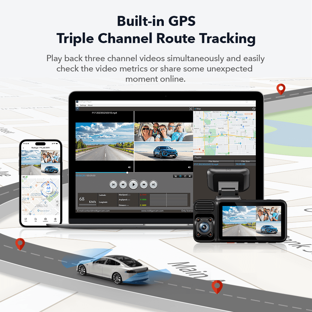 REDTIGER 3 Channel Dash Cam Front and Rear, Dash Camera with 5G WiFi GPS, IR Night Vision, Free 64GB Card, 24H Parking Mode, Vehicle - Image 3