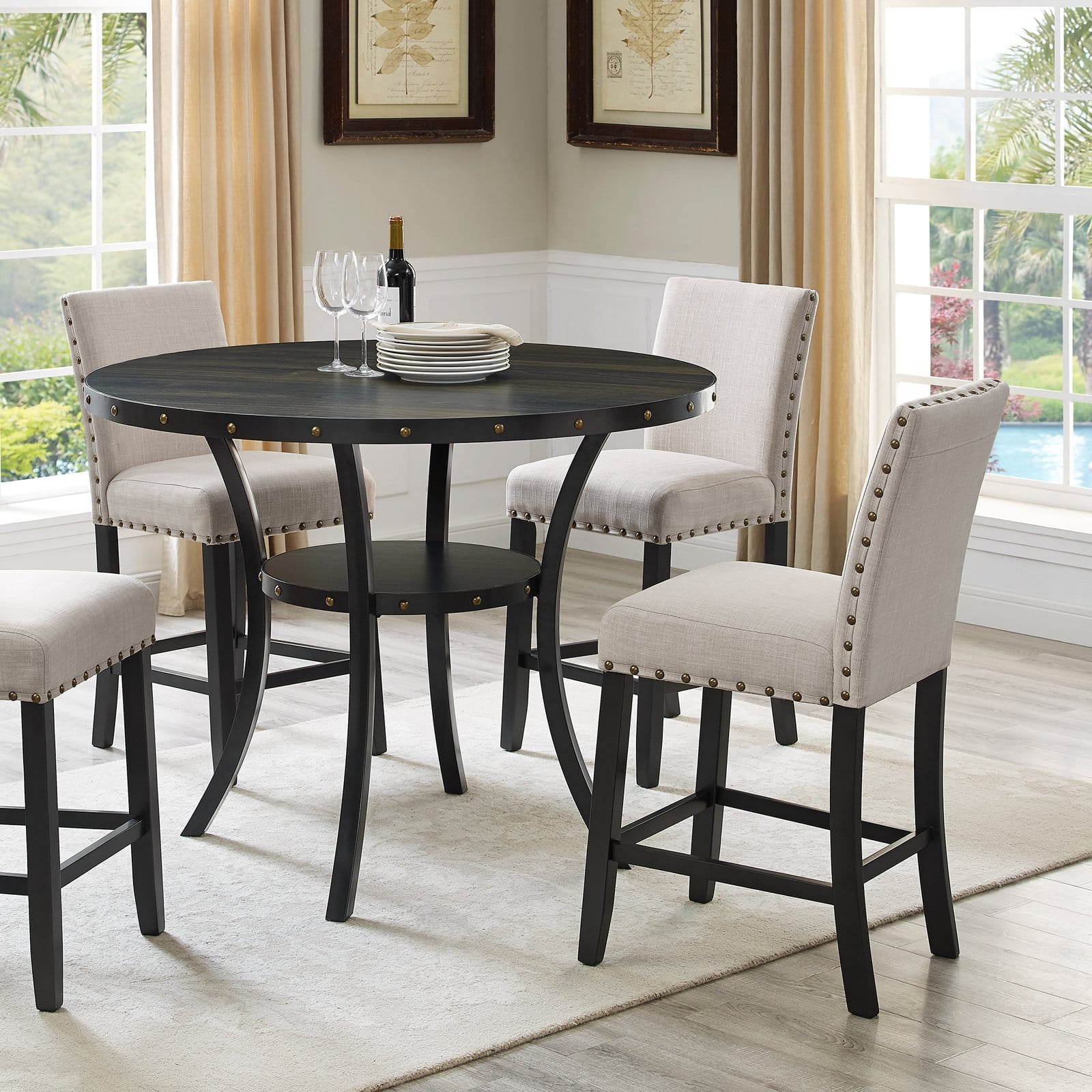 Roundhill Furniture Biony Fabric Nail Head Counter Height Stools, Tan - Image 4