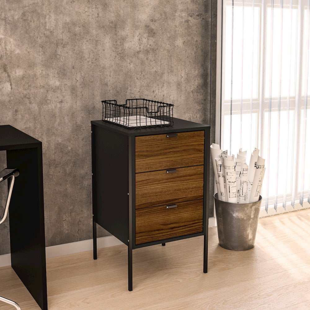Polifurniture Mallorca 3 Drawer Office Cabinet, Walnut and Black - Image 5