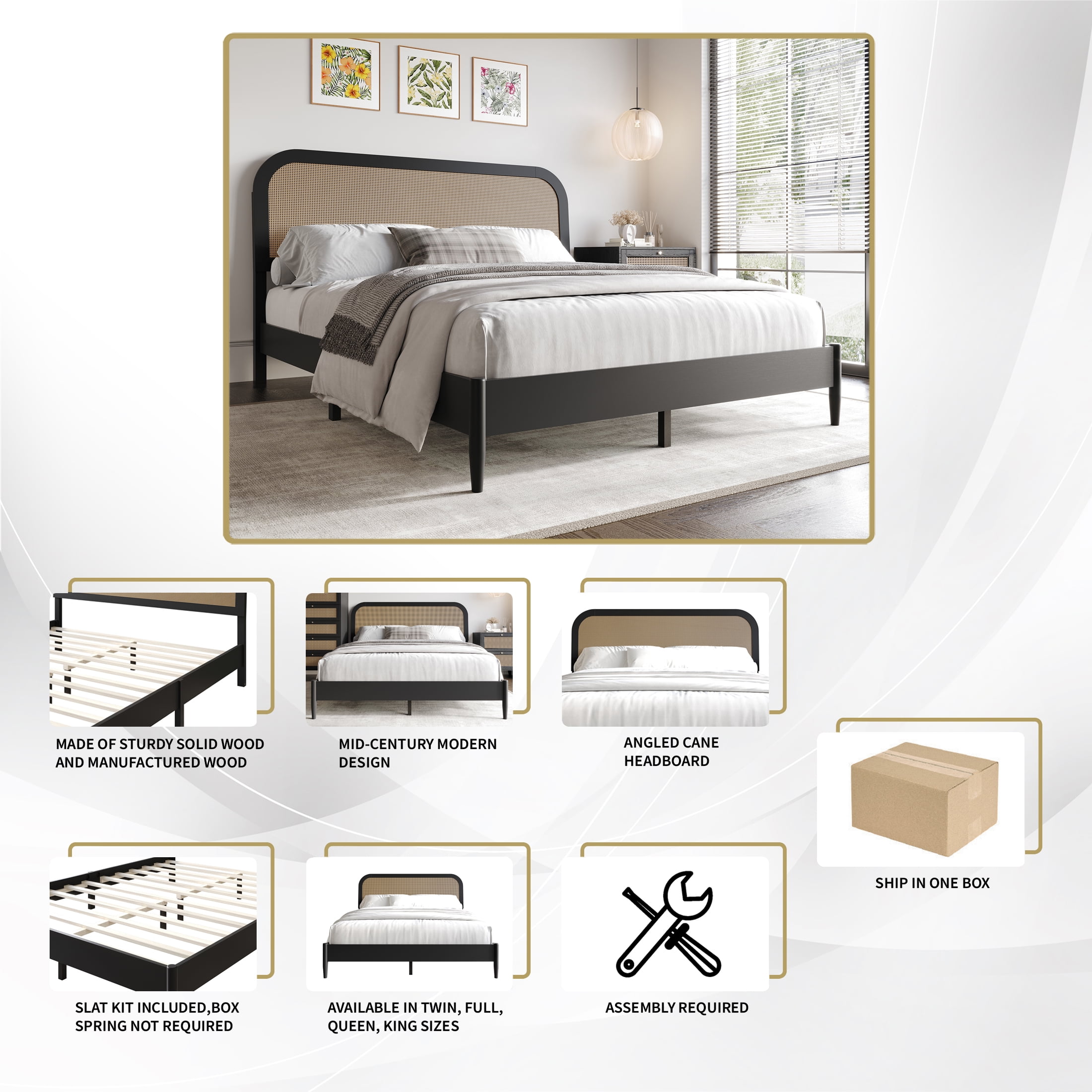 Castle Place Rattan Wooden Twin Platform Bed, Black - Image 3