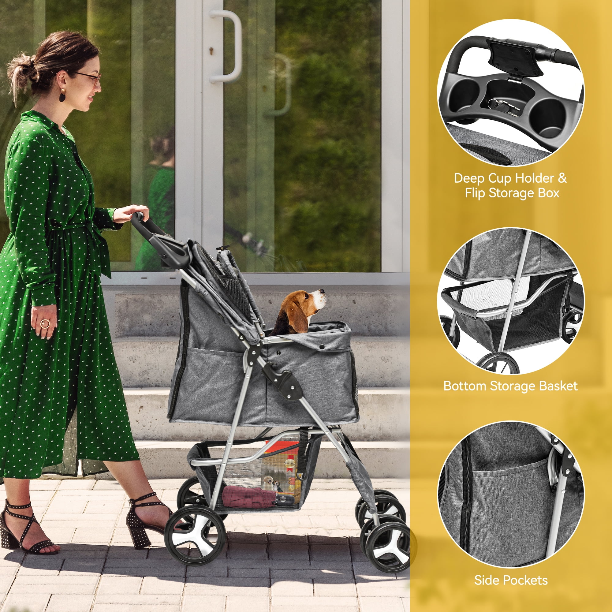 Dextrus 4-Wheel Foldable Dog Stroller with Storage Basket & 360° Rotating Wheels – Lightweight Pet Stroller for Small to Medium Dogs and Cats, Gray - Image 5