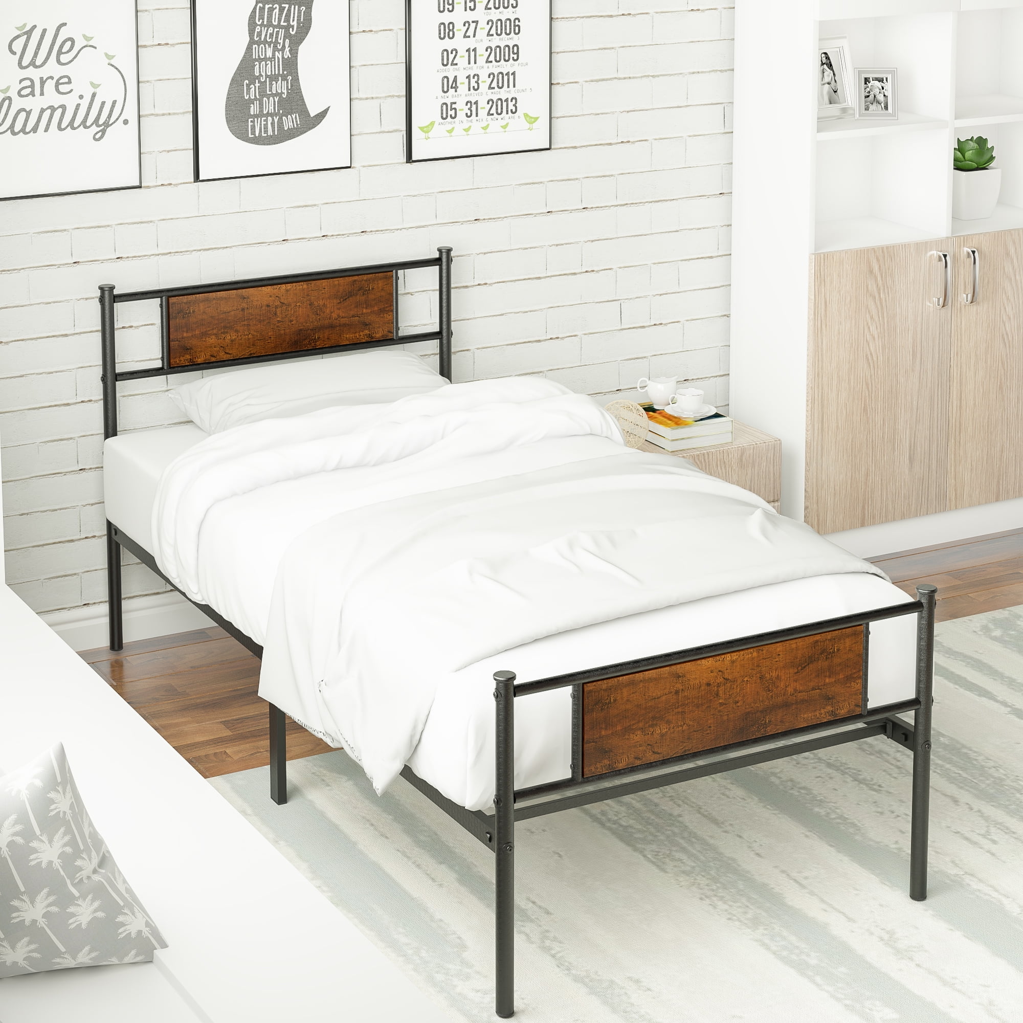 Yoneston Metal Twin Bed Frame with Wood Headboard, Retro Single Platform Bed for Kids, Easy Assembly - Image 8