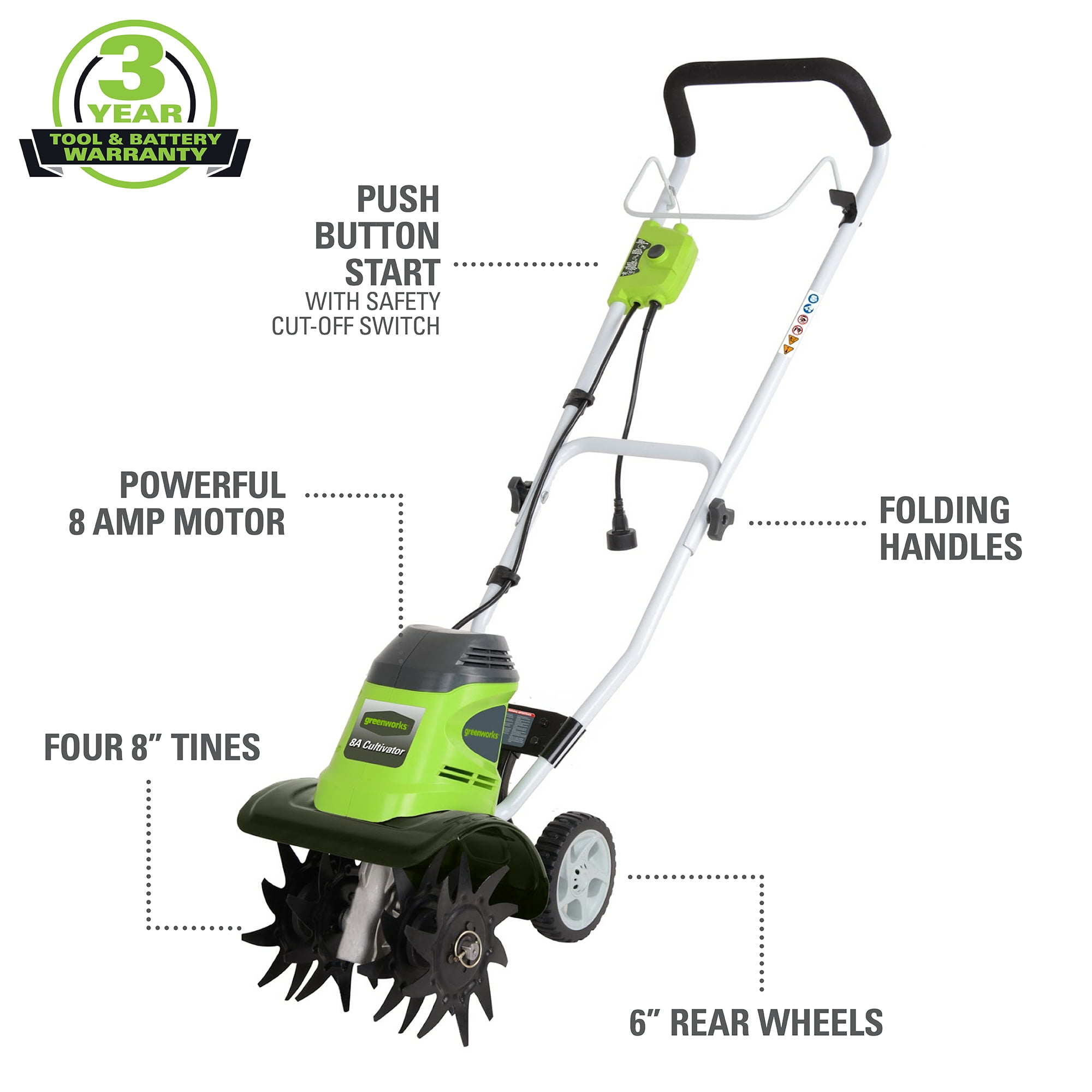 Greenworks 8 Amp 10-inch Corded Electric Cultivator/Tiller, 27072 - Image 3