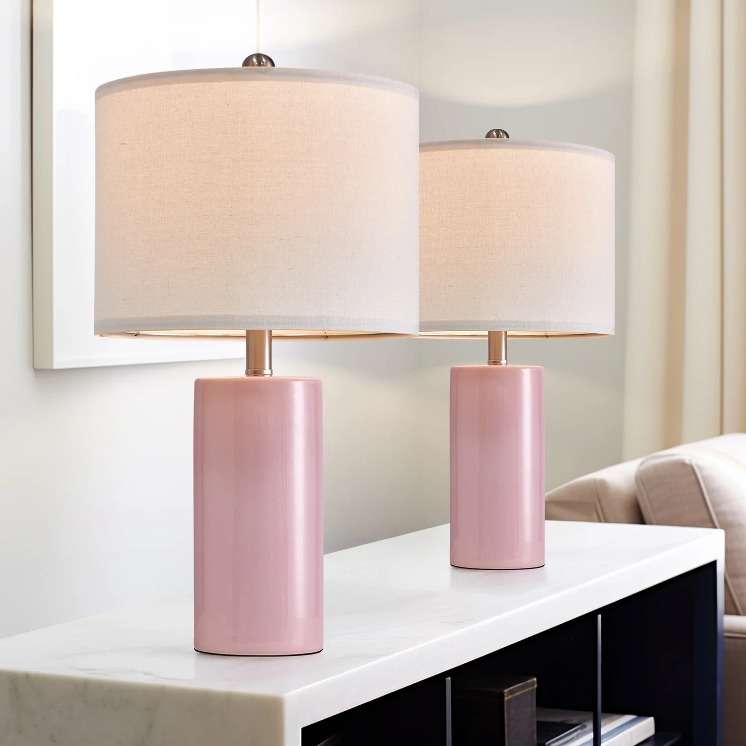 Oneach Ceramic Pink Table Lamps Set of 2 for Living Room Bedroom 22" Modern Bedside Nightstand Lamp - Image 4