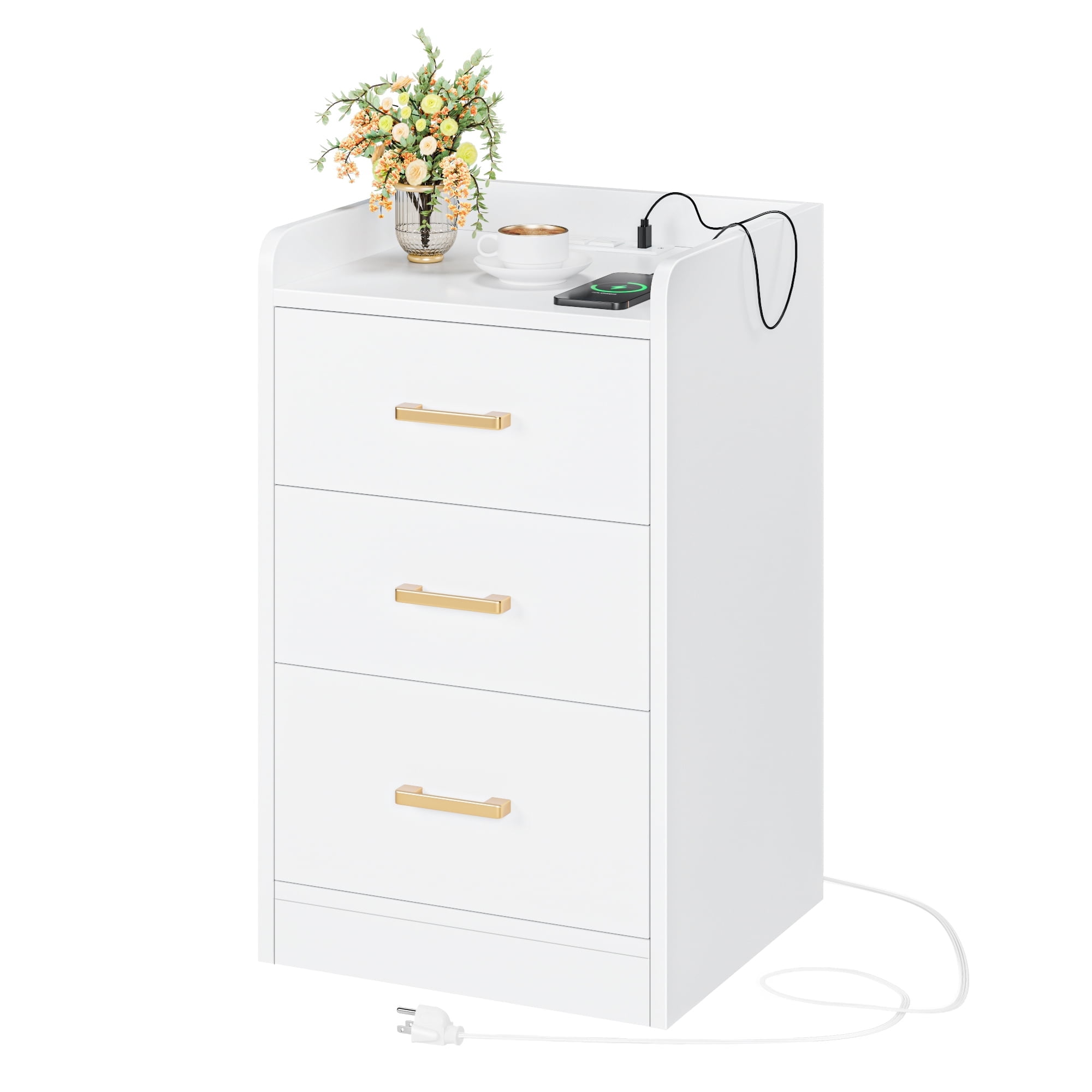 Homfa White Nightstand with Charging Station, 3 Drawers Nightstand for Bedroom, Modern Storage Cabinet for Living Room - Image 3