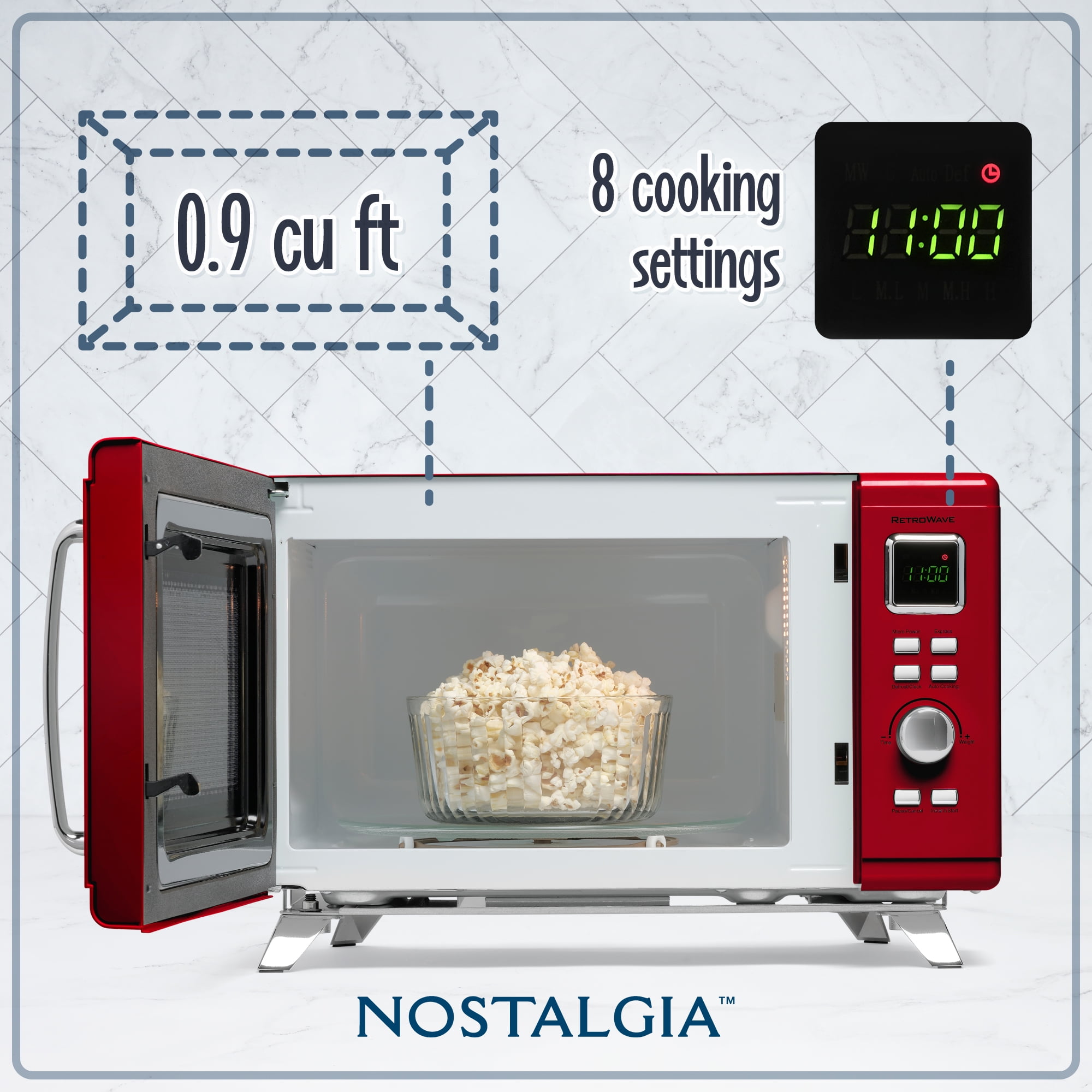 Nostalgia Mid-Century Retro Countertop Microwave Oven - Large 900-Watt - 0.9 cu ft - 8 Pre-Programmed Cooking Settings - Digital Clock - Kitchen Appliances - Red - Image 6