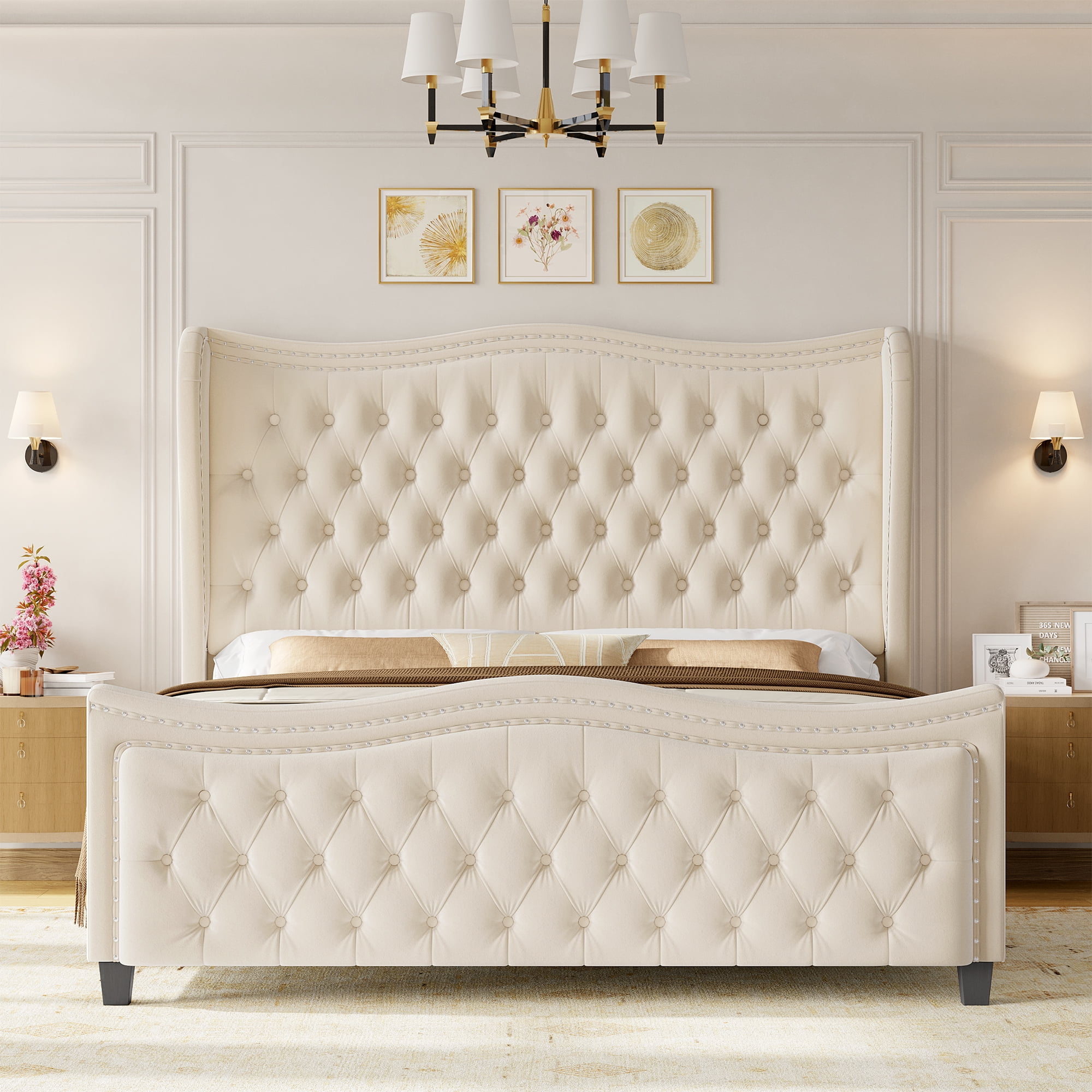 Homfa Queen Size Bed Frame, Modern Velvet Tufted Wingback Bed, Platform Bed with 55"H Upholstered Headboard, Off-White - Image 4