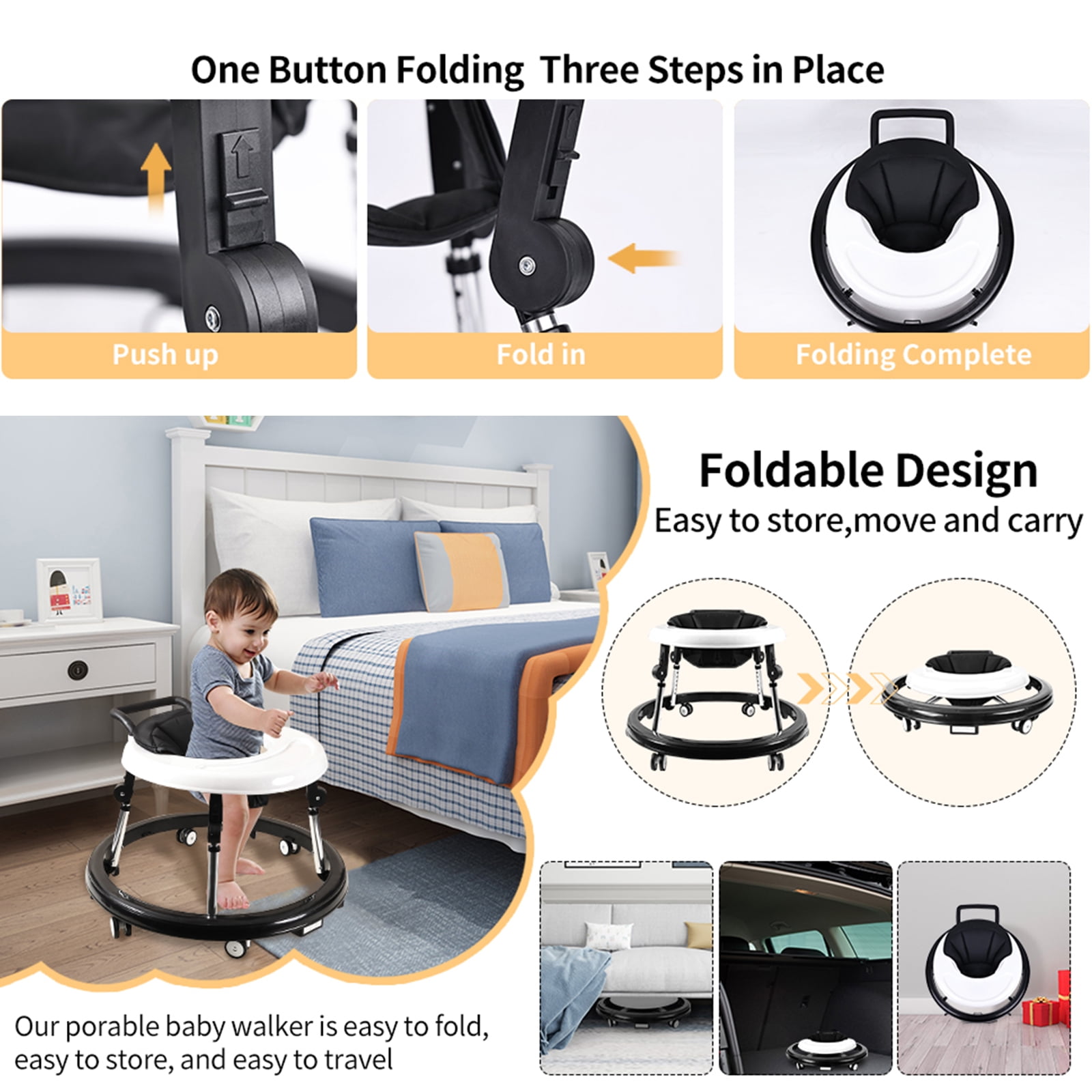 Baby Walkers, Baby Walker with Wheels, Walkers for Babies 6-12 Months, 9 Adjustable Hight, Anti-Rollover, Portable, Foldable, Baby Walkers for Girls & Boys Black - Image 2