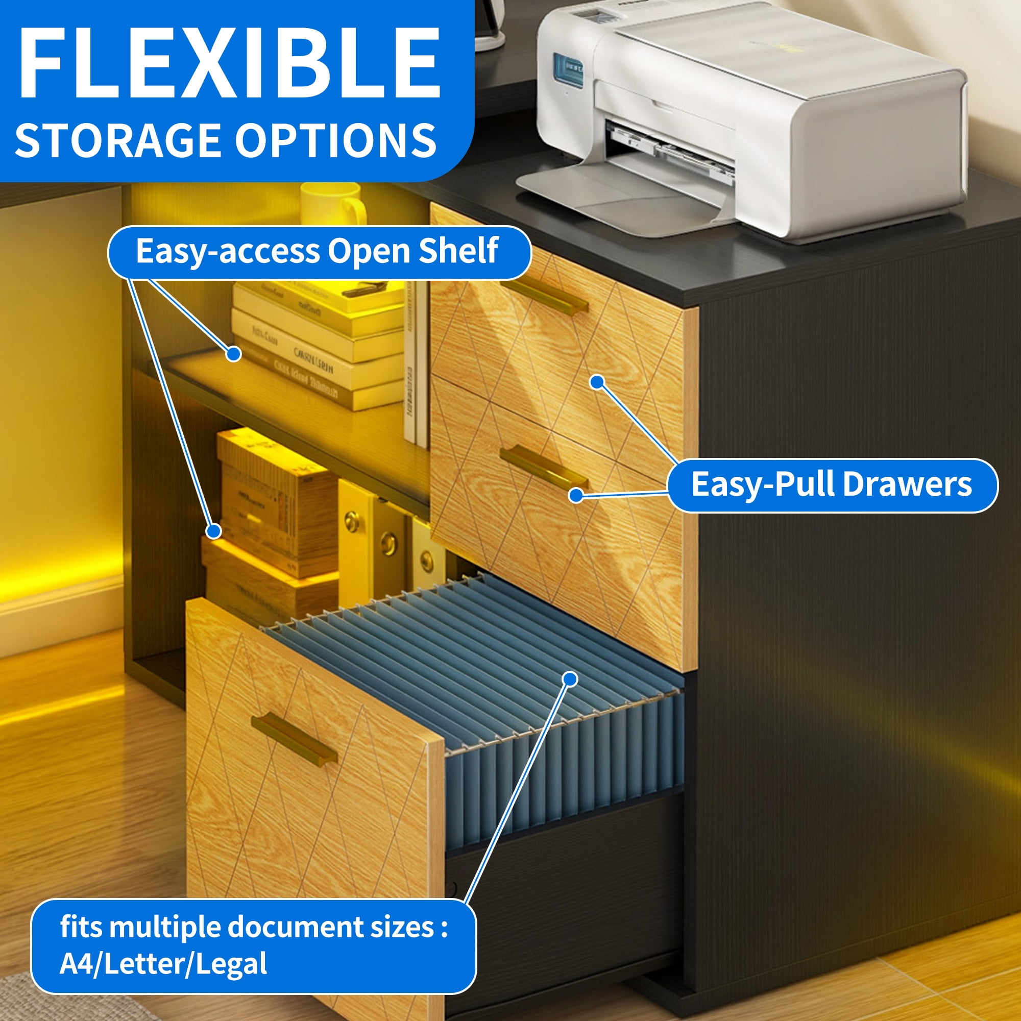 Dextrus L Shaped Desk with LED Light & Power Outlets, 59 inch Reversible Computer Desk with File Cabinet & Storage Shelves, Executive Desk Office Desk Writing Desk for Home Office, Black - Image 5