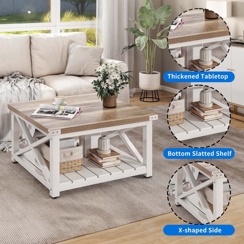 Uforic Farmhouse Coffee Table Square Wood Center Table with Storage for Living Room, Gray Wash - Image 4