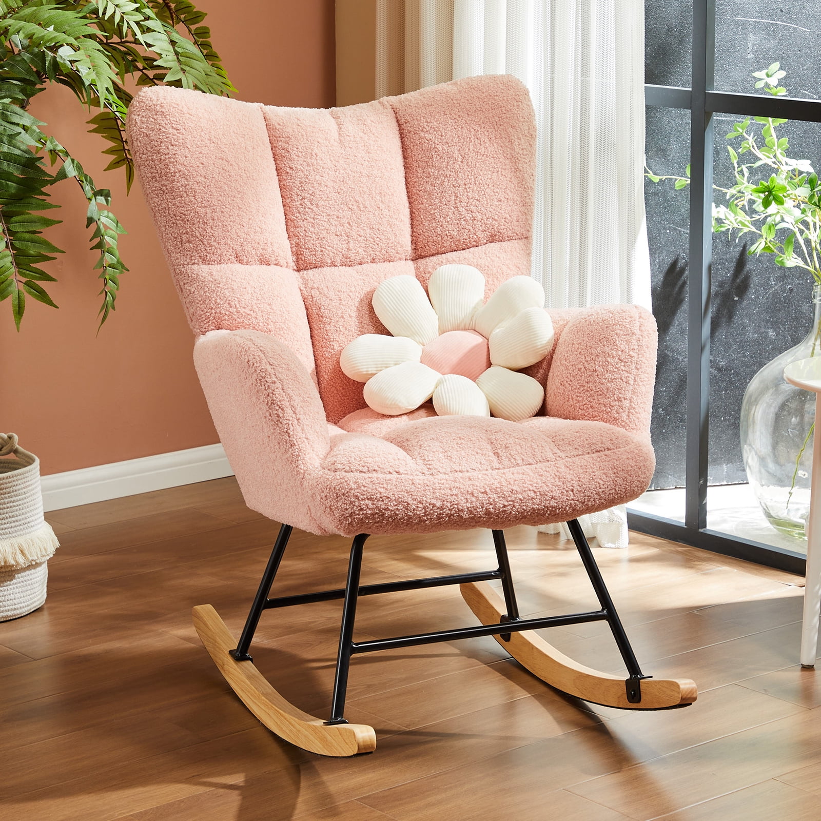 Gianna Rocking Chair Nursery, Teddy Upholstered Glider Rocker with High Backrest, Reading Chair Modern Rocking Accent Chairs Glider Recliner, Pink-1 - Image 2