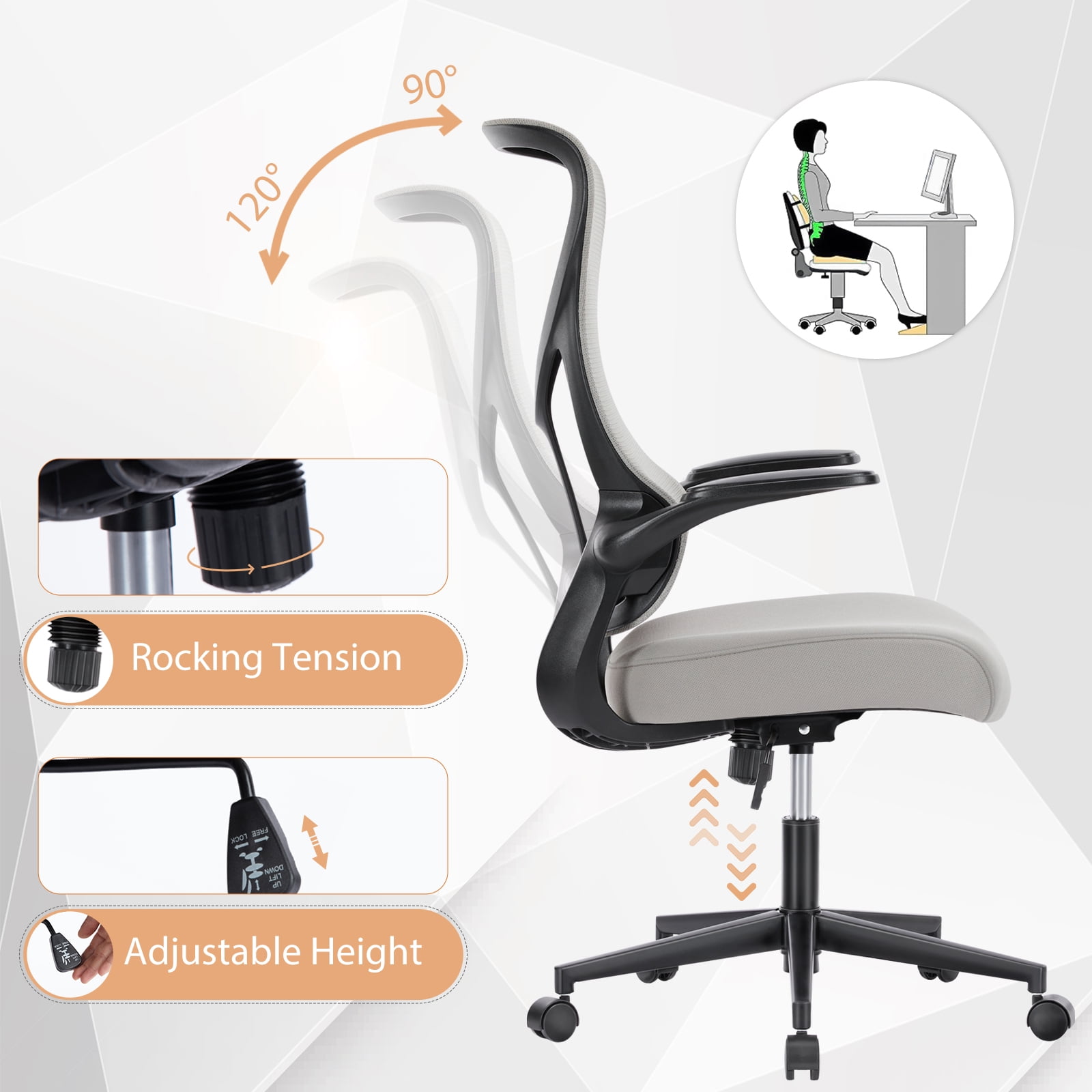 Gianna Ergonomic Office Chair, Adjustable Desk Chair with Padded Armrests, Comfortable Computer Chair for Home & Office Use,Grey - Image 5