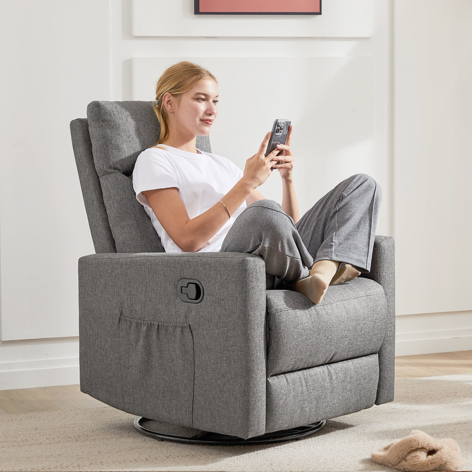 Recliner Message Chair with Footrest, Swivel Rocking Glider, High Back Upholstered Deep Seat for Living Room, Grey - Image 5