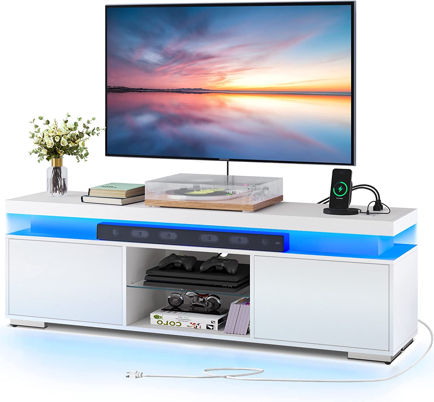 DEXTRUS LED Entertainment Center with Power Outlets, Modern TV Stand for 55/60/65 inch, Universal Gaming LED TV Media Stand w/Large Storage, White - Image 8